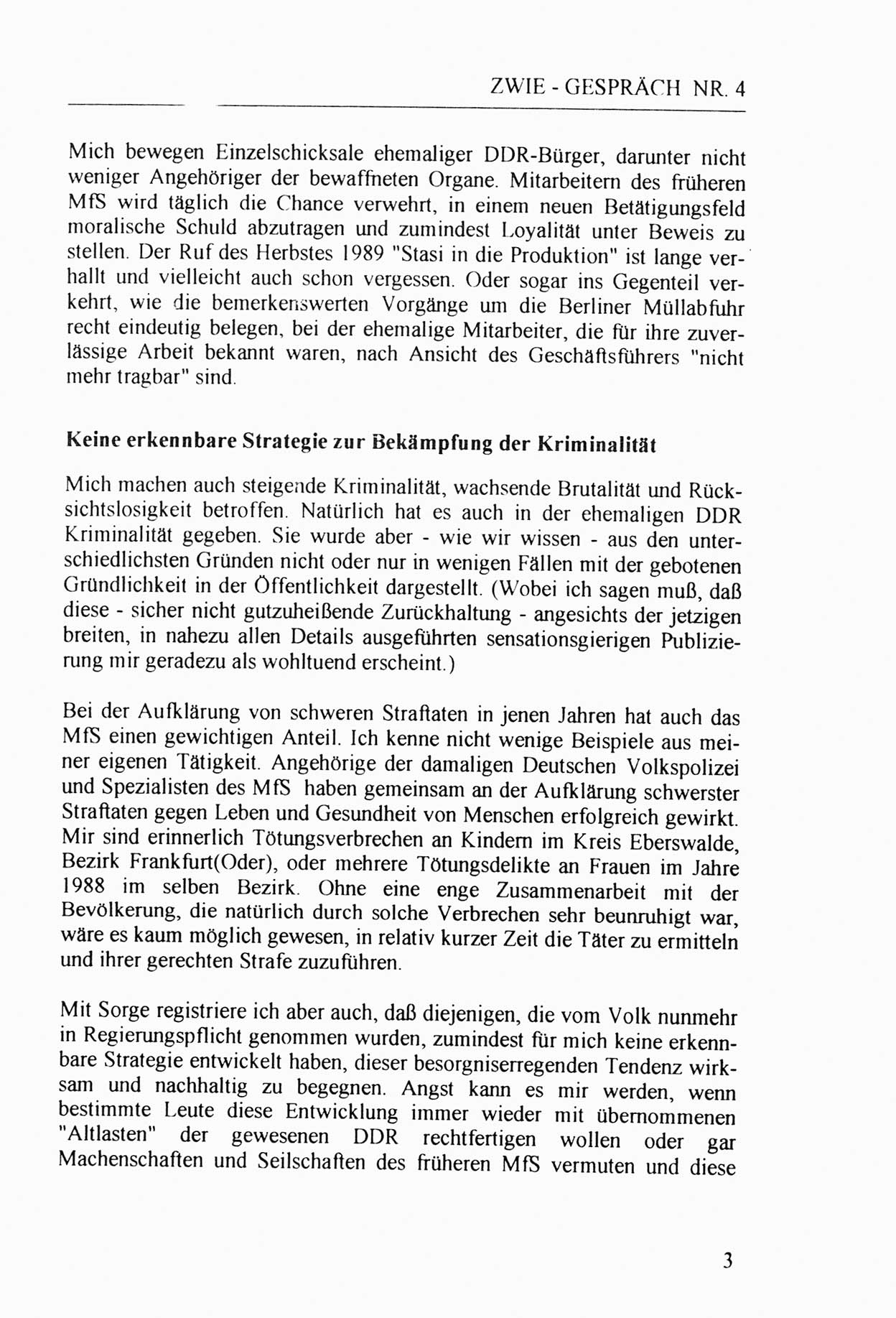 Zwie-Gespräch, Beiträge zur Aufarbeitung der Stasi-Vergangenheit [Deutsche Demokratische Republik (DDR)], Ausgabe Nr. 4, Berlin 1991, Seite 3 (Zwie-Gespr. Ausg. 4 1991, S. 3)