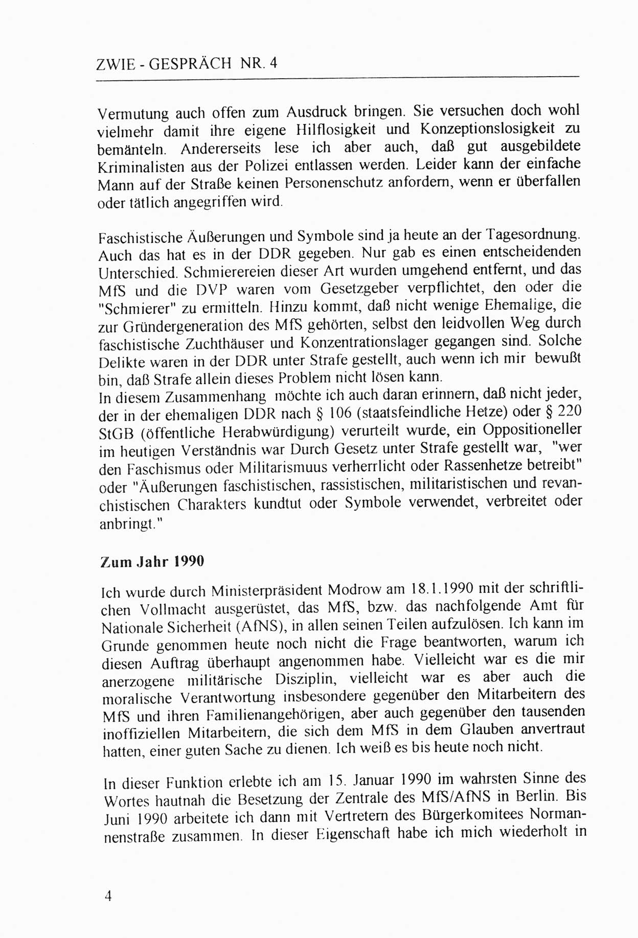 Zwie-Gespräch, Beiträge zur Aufarbeitung der Stasi-Vergangenheit [Deutsche Demokratische Republik (DDR)], Ausgabe Nr. 4, Berlin 1991, Seite 4 (Zwie-Gespr. Ausg. 4 1991, S. 4)