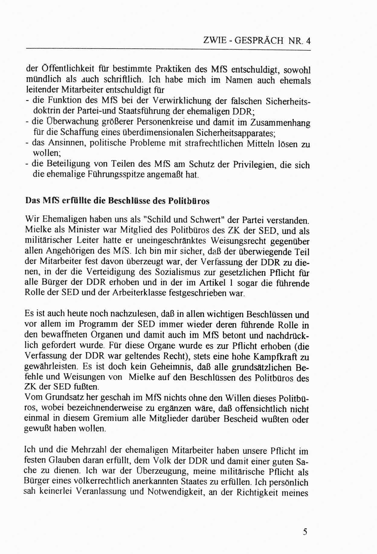 Zwie-Gespräch, Beiträge zur Aufarbeitung der Stasi-Vergangenheit [Deutsche Demokratische Republik (DDR)], Ausgabe Nr. 4, Berlin 1991, Seite 5 (Zwie-Gespr. Ausg. 4 1991, S. 5)