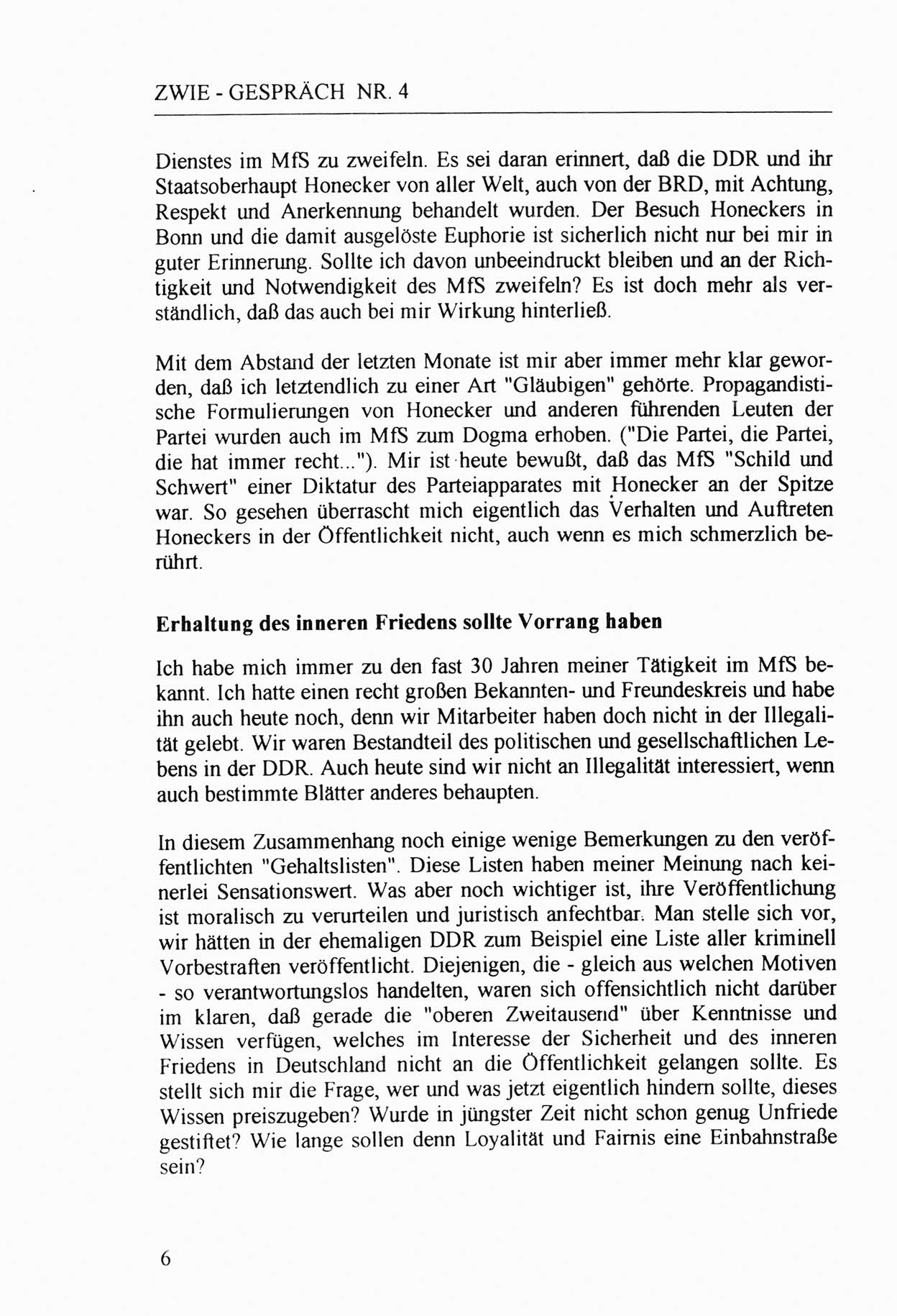 Zwie-Gespräch, Beiträge zur Aufarbeitung der Stasi-Vergangenheit [Deutsche Demokratische Republik (DDR)], Ausgabe Nr. 4, Berlin 1991, Seite 6 (Zwie-Gespr. Ausg. 4 1991, S. 6)