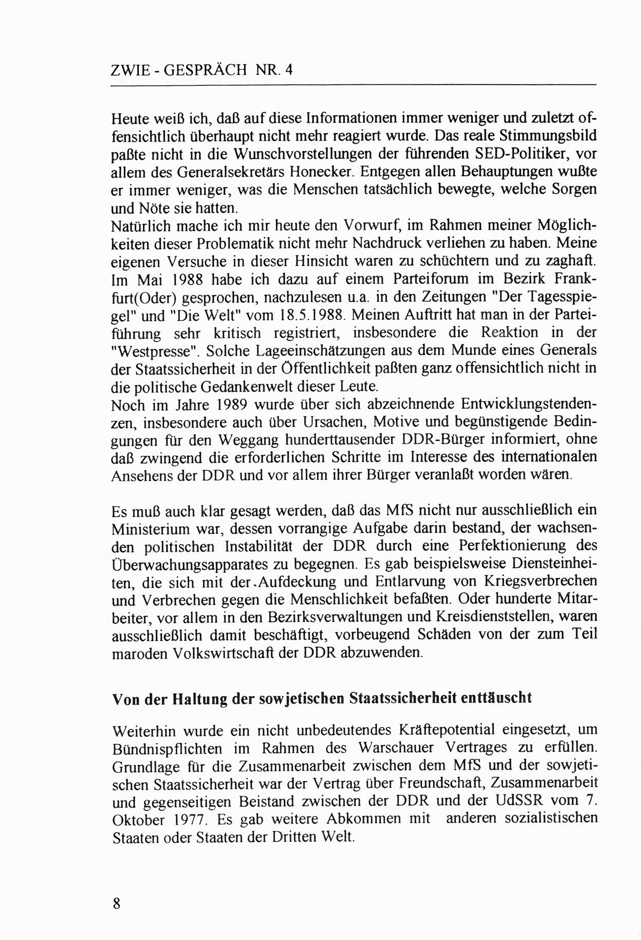 Zwie-Gespräch, Beiträge zur Aufarbeitung der Stasi-Vergangenheit [Deutsche Demokratische Republik (DDR)], Ausgabe Nr. 4, Berlin 1991, Seite 8 (Zwie-Gespr. Ausg. 4 1991, S. 8)