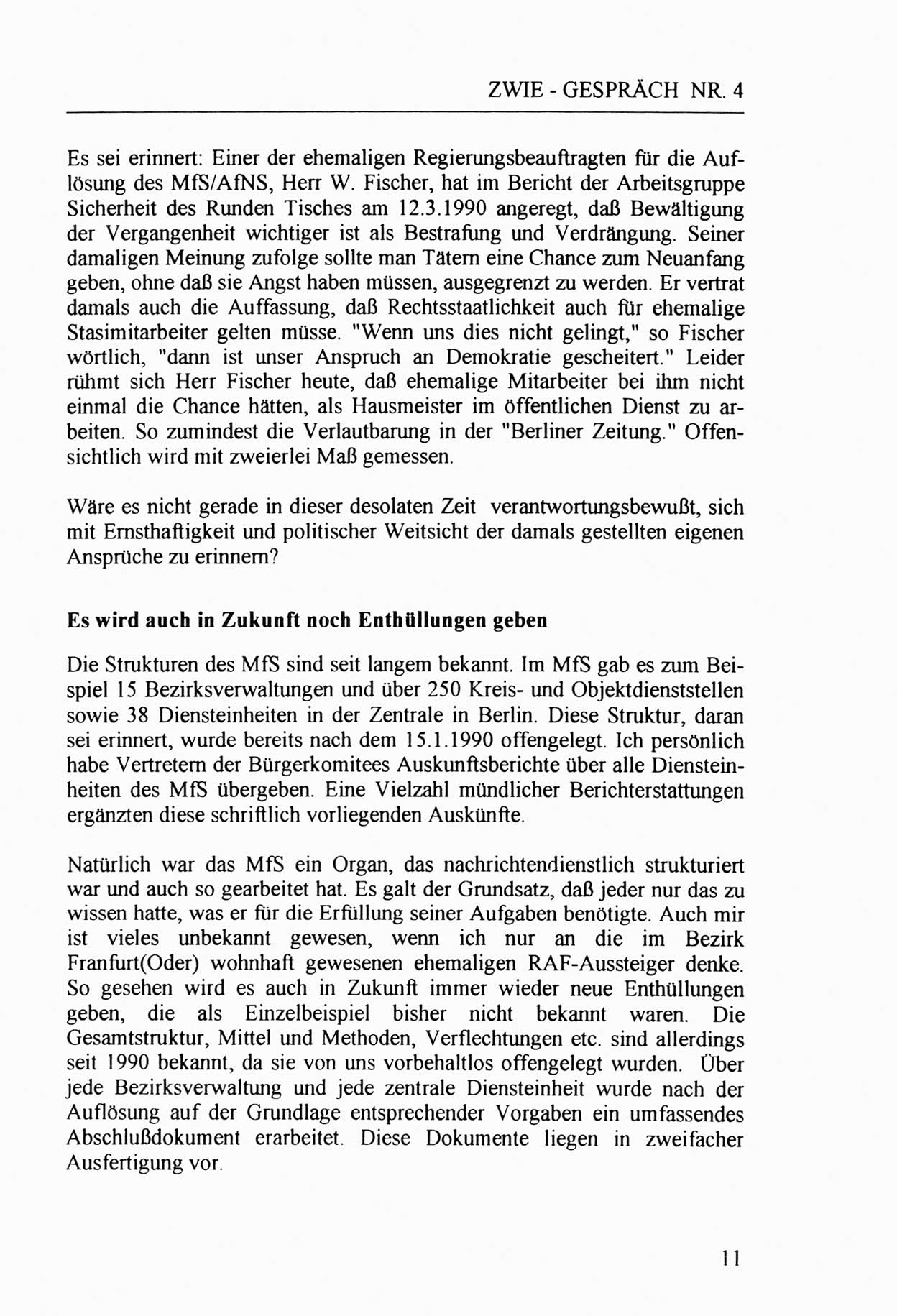 Zwie-Gespräch, Beiträge zur Aufarbeitung der Stasi-Vergangenheit [Deutsche Demokratische Republik (DDR)], Ausgabe Nr. 4, Berlin 1991, Seite 11 (Zwie-Gespr. Ausg. 4 1991, S. 11)