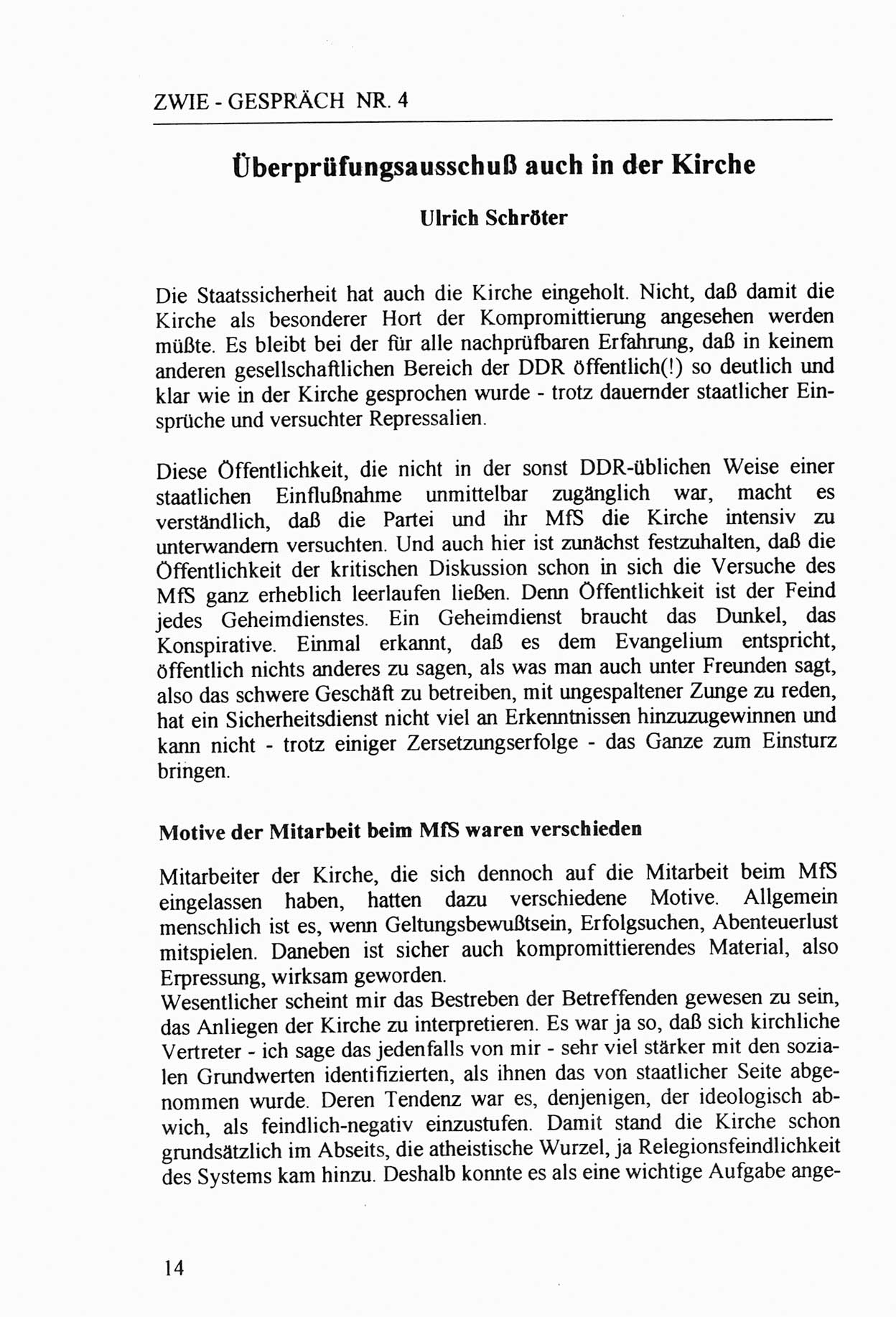 Zwie-GesprÃ¤ch, BeitrÃ¤ge zur Aufarbeitung der Stasi-Vergangenheit [Deutsche Demokratische Republik (DDR)], Ausgabe Nr. 4, Berlin 1991, Seite 14 (Zwie-Gespr. Ausg. 4 1991, S. 14)