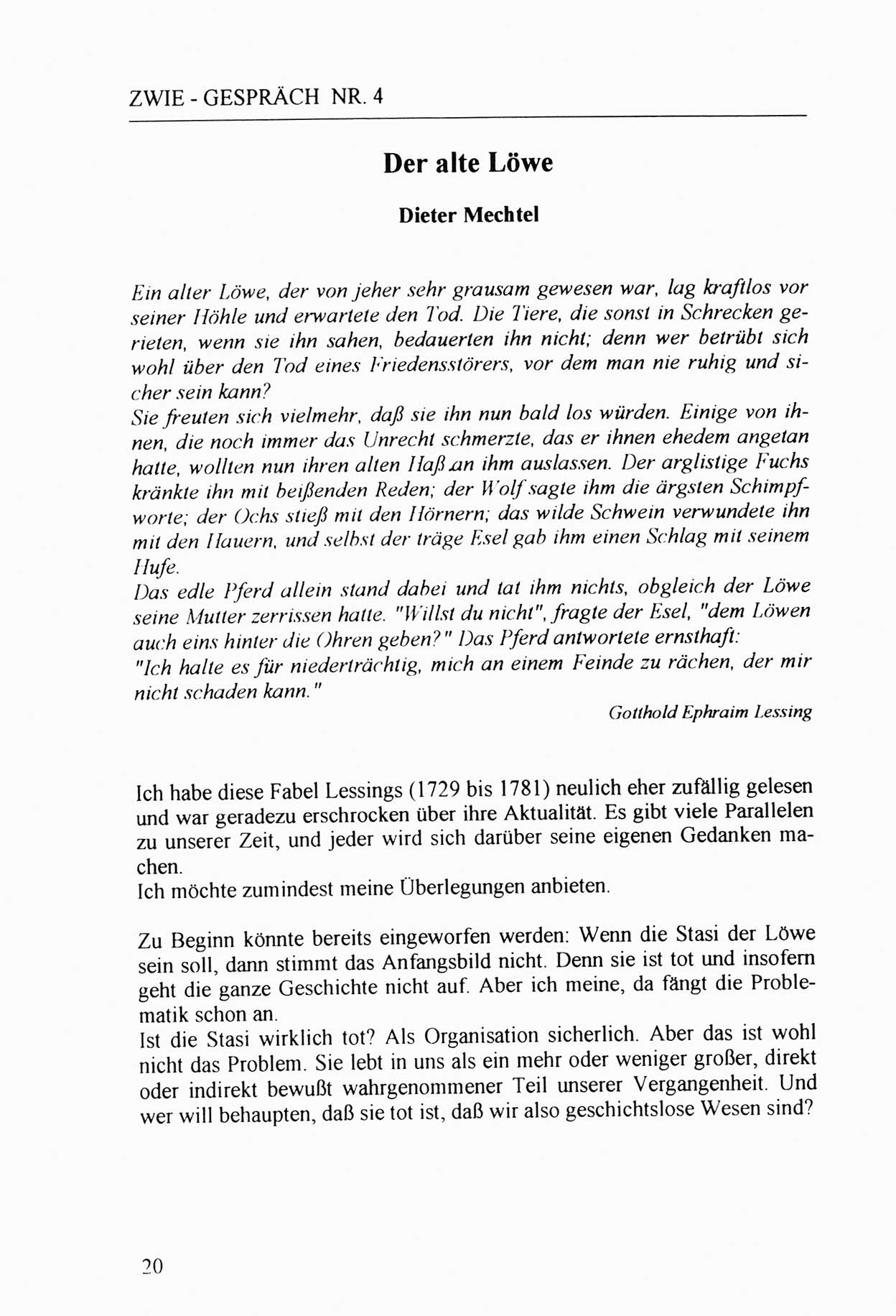 Zwie-Gespräch, Beiträge zur Aufarbeitung der Stasi-Vergangenheit [Deutsche Demokratische Republik (DDR)], Ausgabe Nr. 4, Berlin 1991, Seite 20 (Zwie-Gespr. Ausg. 4 1991, S. 20)