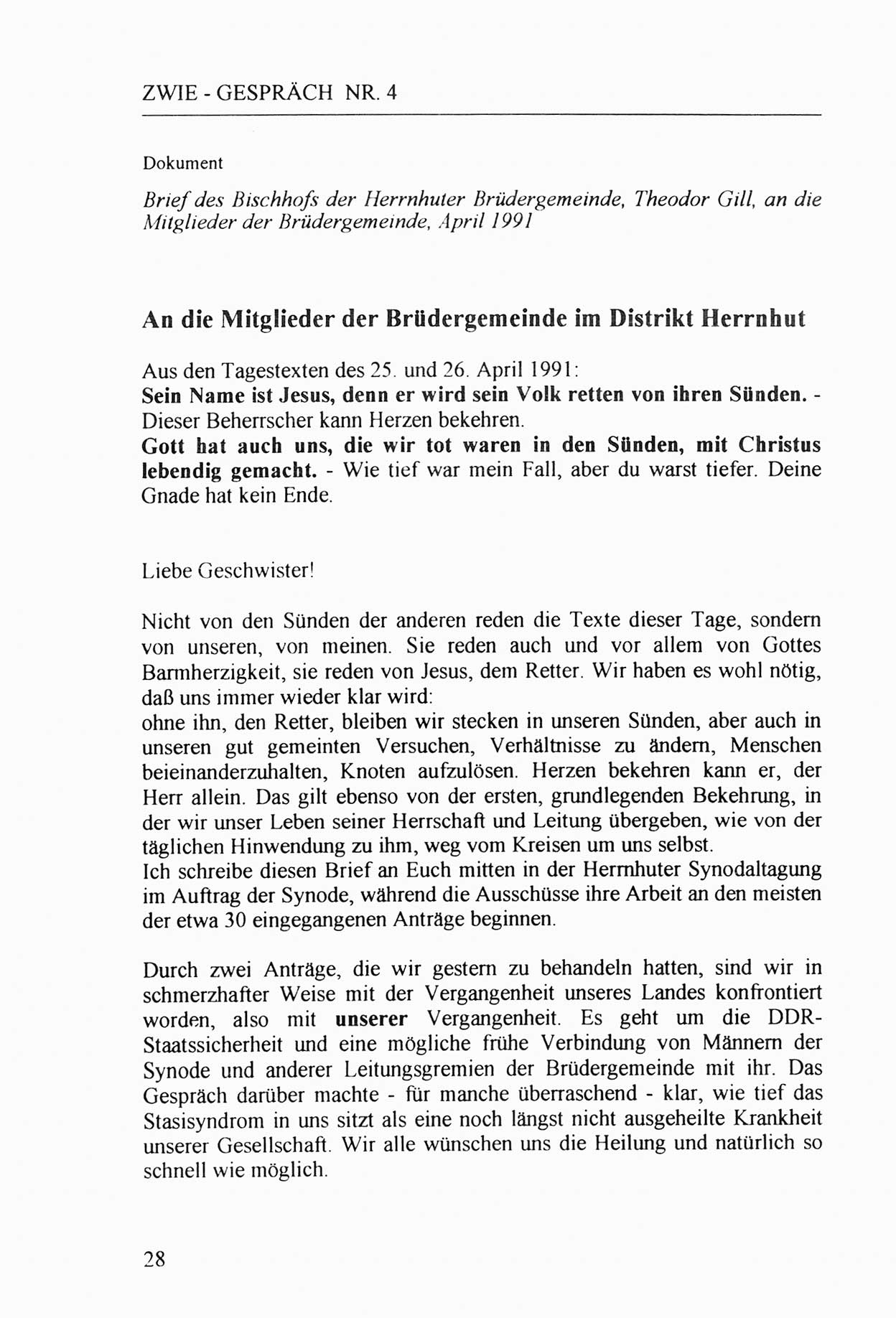 Zwie-Gespräch, Beiträge zur Aufarbeitung der Stasi-Vergangenheit [Deutsche Demokratische Republik (DDR)], Ausgabe Nr. 4, Berlin 1991, Seite 28 (Zwie-Gespr. Ausg. 4 1991, S. 28)