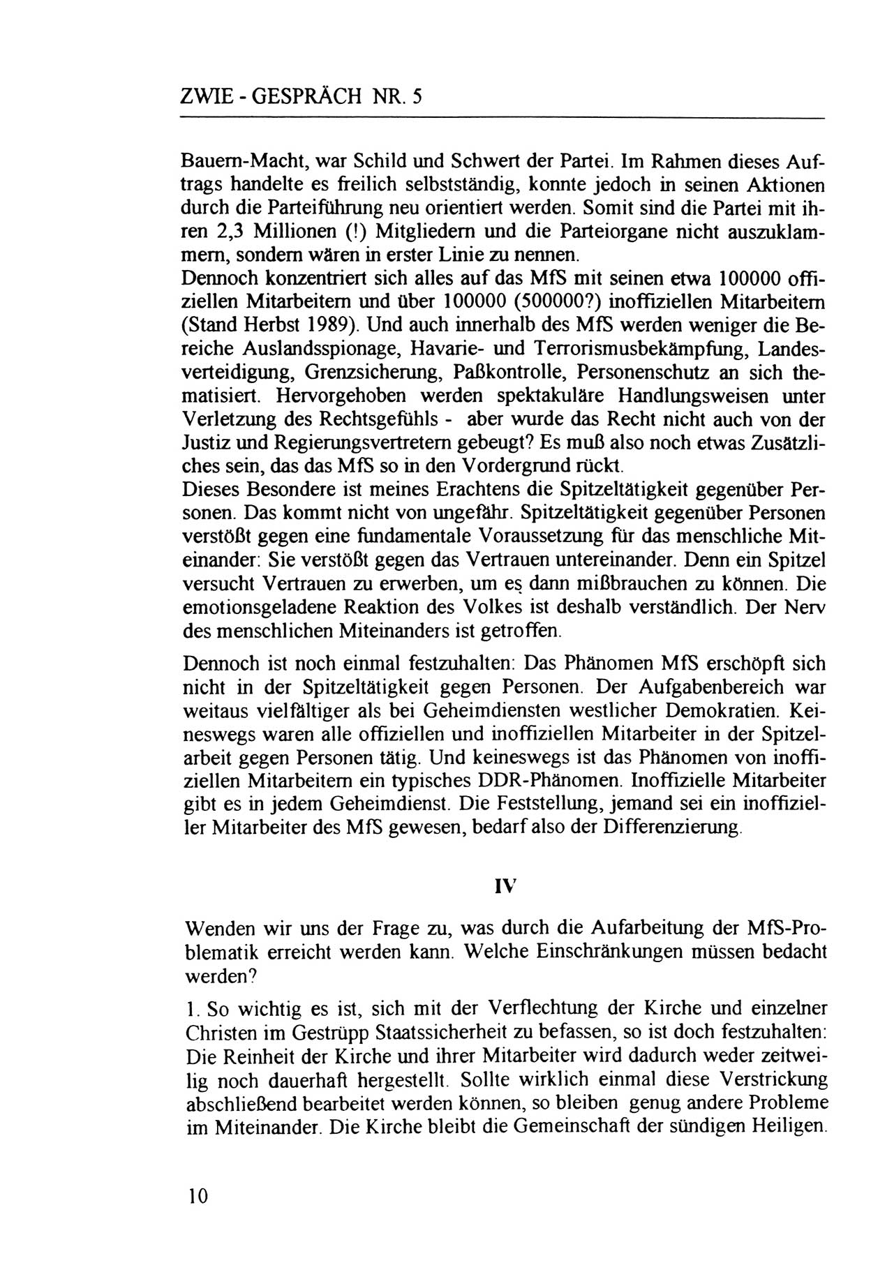 Zwie-Gespräch, Beiträge zur Aufarbeitung der Staatssicherheits-Vergangenheit [Deutsche Demokratische Republik (DDR)], Ausgabe Nr. 5, Berlin 1991, Seite 10 (Zwie-Gespr. Ausg. 5 1991, S. 10)