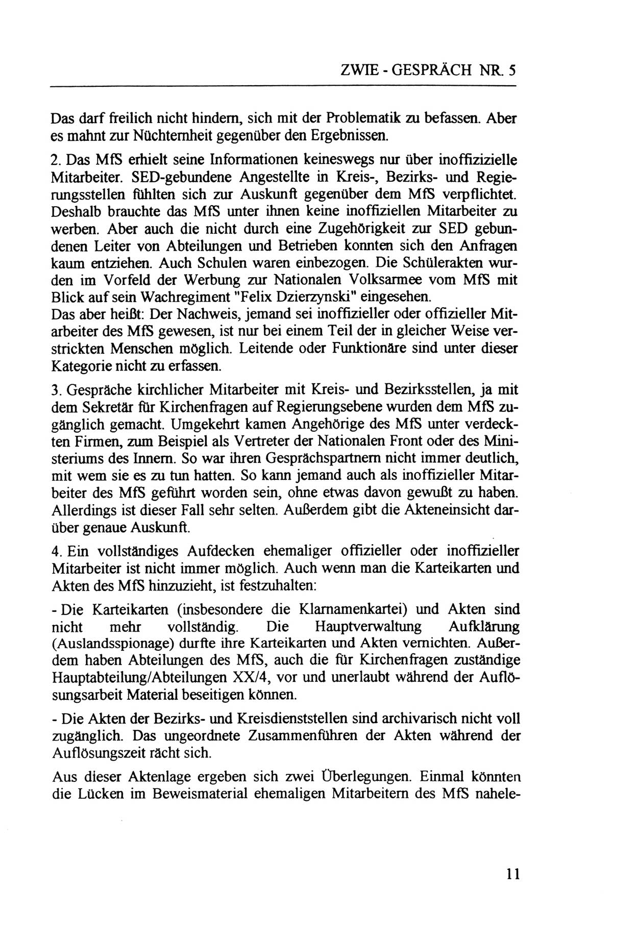 Zwie-Gespräch, Beiträge zur Aufarbeitung der Staatssicherheits-Vergangenheit [Deutsche Demokratische Republik (DDR)], Ausgabe Nr. 5, Berlin 1991, Seite 11 (Zwie-Gespr. Ausg. 5 1991, S. 11)