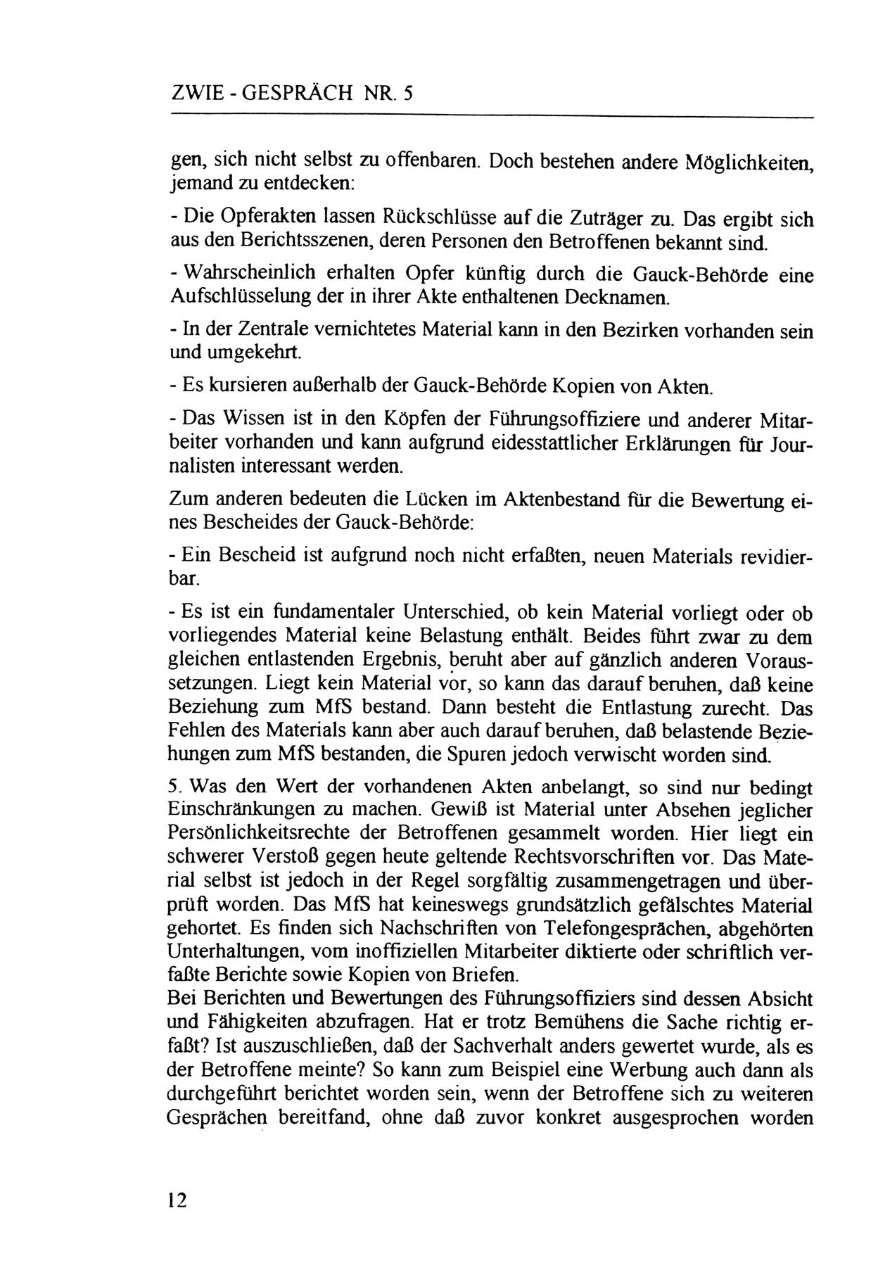 Zwie-Gespräch, Beiträge zur Aufarbeitung der Staatssicherheits-Vergangenheit [Deutsche Demokratische Republik (DDR)], Ausgabe Nr. 5, Berlin 1991, Seite 12 (Zwie-Gespr. Ausg. 5 1991, S. 12)
