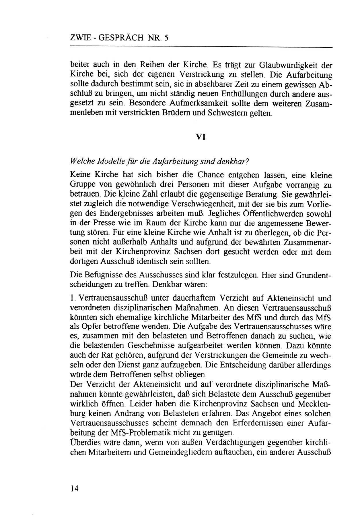 Zwie-Gespräch, Beiträge zur Aufarbeitung der Staatssicherheits-Vergangenheit [Deutsche Demokratische Republik (DDR)], Ausgabe Nr. 5, Berlin 1991, Seite 14 (Zwie-Gespr. Ausg. 5 1991, S. 14)