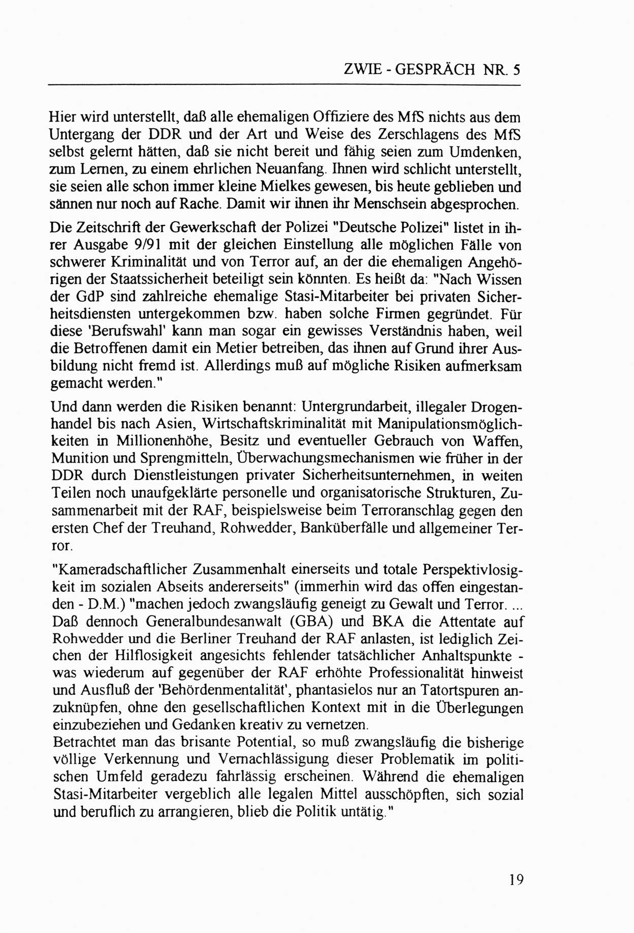 Zwie-Gespräch, Beiträge zur Aufarbeitung der Staatssicherheits-Vergangenheit [Deutsche Demokratische Republik (DDR)], Ausgabe Nr. 5, Berlin 1991, Seite 19 (Zwie-Gespr. Ausg. 5 1991, S. 19)