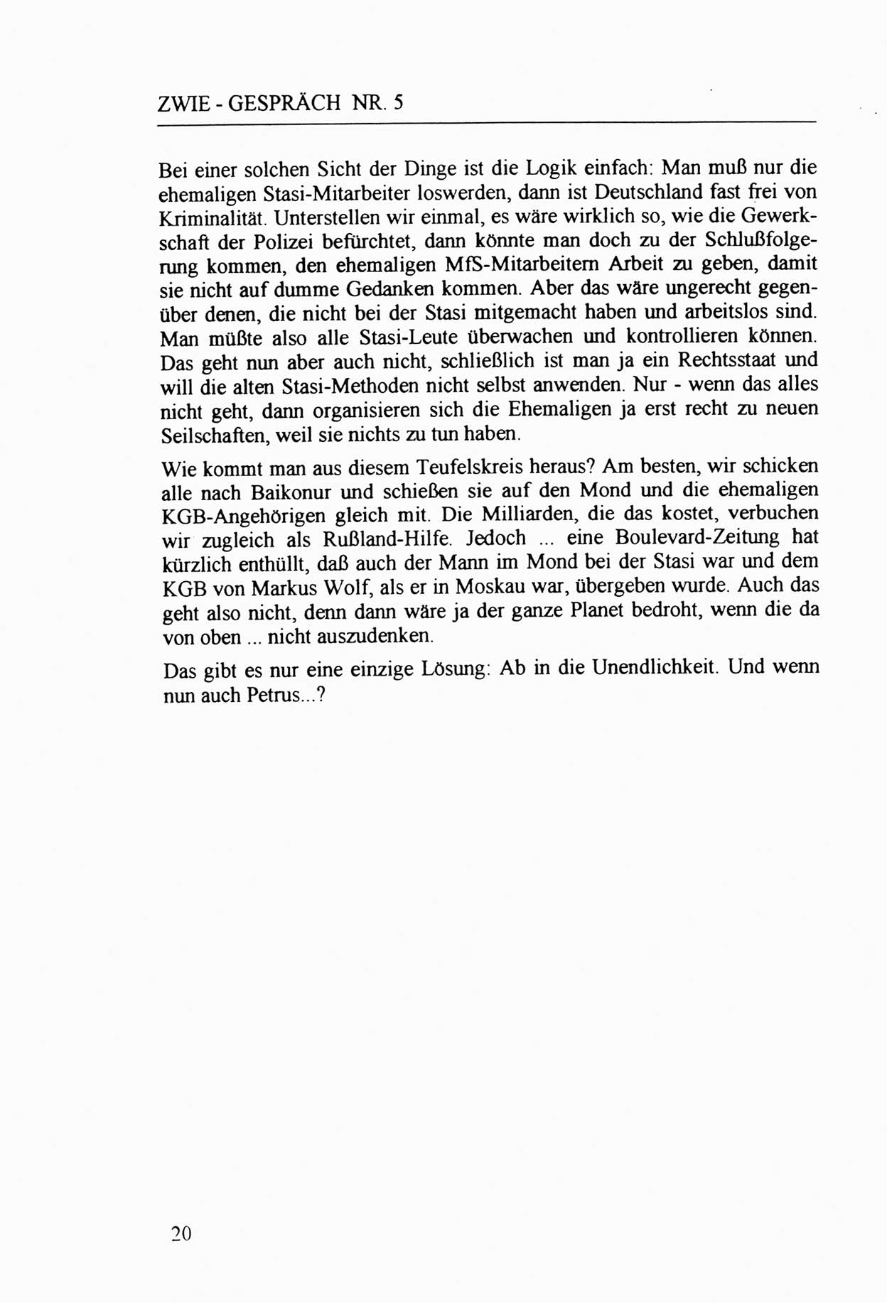 Zwie-Gespräch, Beiträge zur Aufarbeitung der Staatssicherheits-Vergangenheit [Deutsche Demokratische Republik (DDR)], Ausgabe Nr. 5, Berlin 1991, Seite 20 (Zwie-Gespr. Ausg. 5 1991, S. 20)