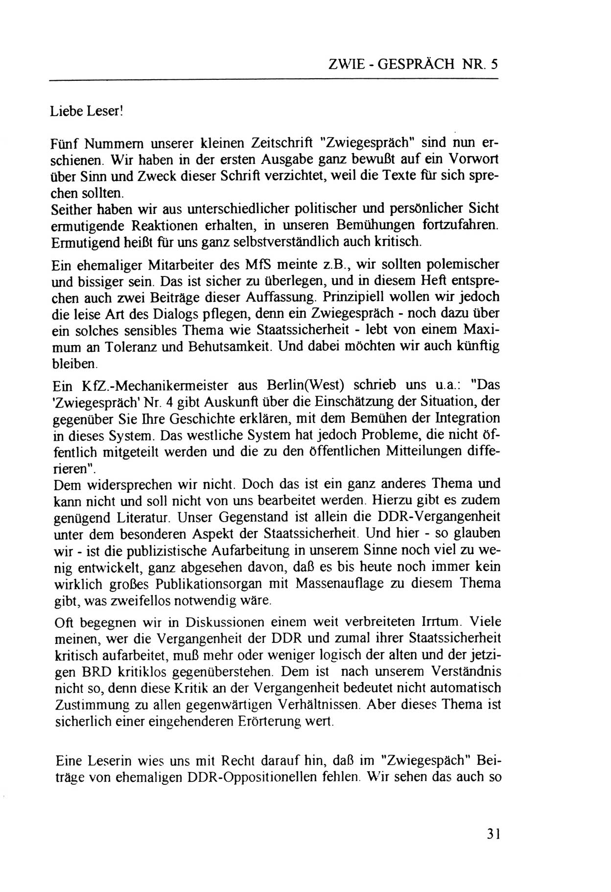 Zwie-Gespräch, Beiträge zur Aufarbeitung der Staatssicherheits-Vergangenheit [Deutsche Demokratische Republik (DDR)], Ausgabe Nr. 5, Berlin 1991, Seite 31 (Zwie-Gespr. Ausg. 5 1991, S. 31)