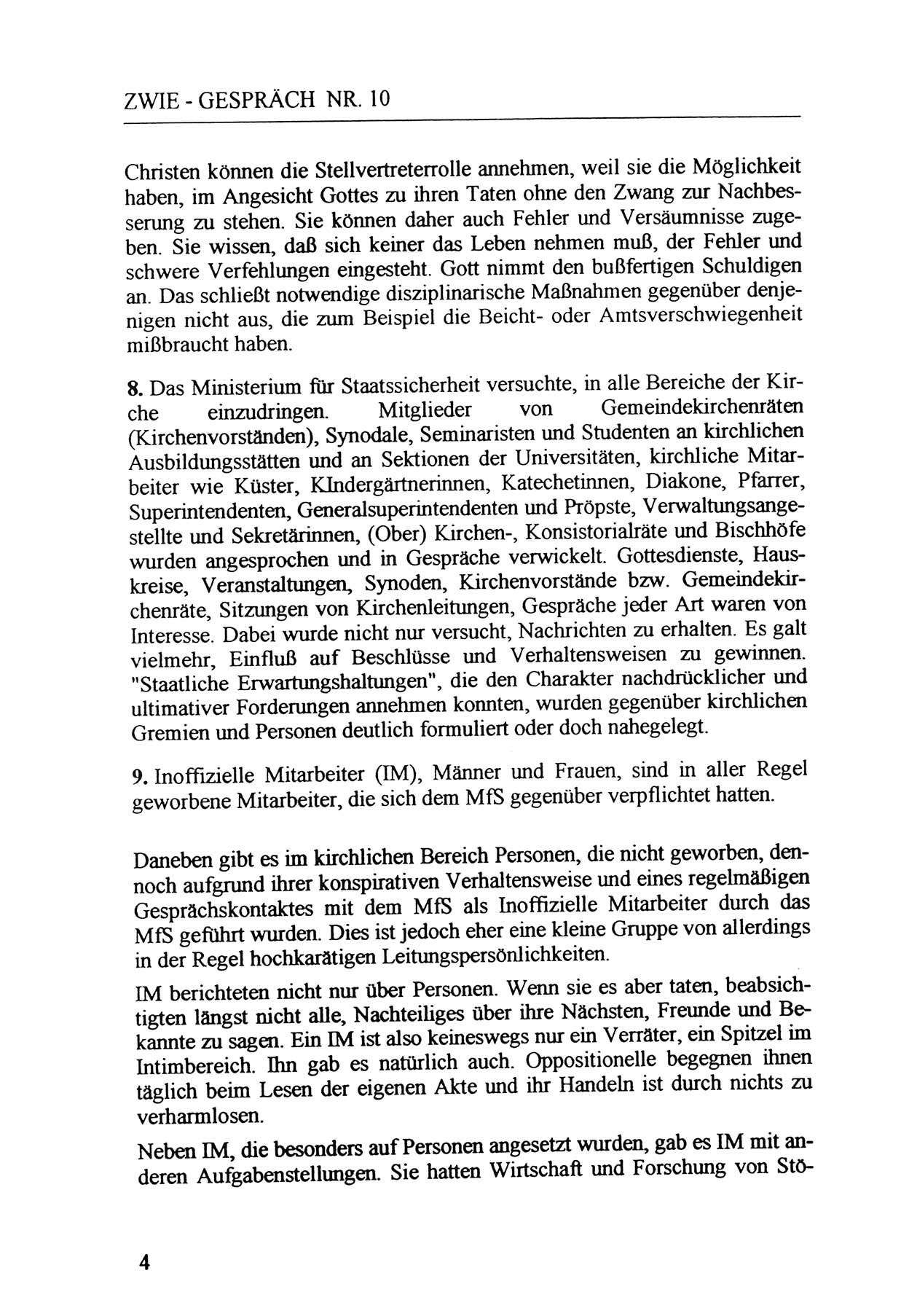 Zwie-Gespräch, Beiträge zur Aufarbeitung der Staatssicherheits-Vergangenheit [Deutsche Demokratische Republik (DDR)], Ausgabe Nr. 10, Berlin 1992, Seite 4 (Zwie-Gespr. Ausg. 10 1992, S. 4)