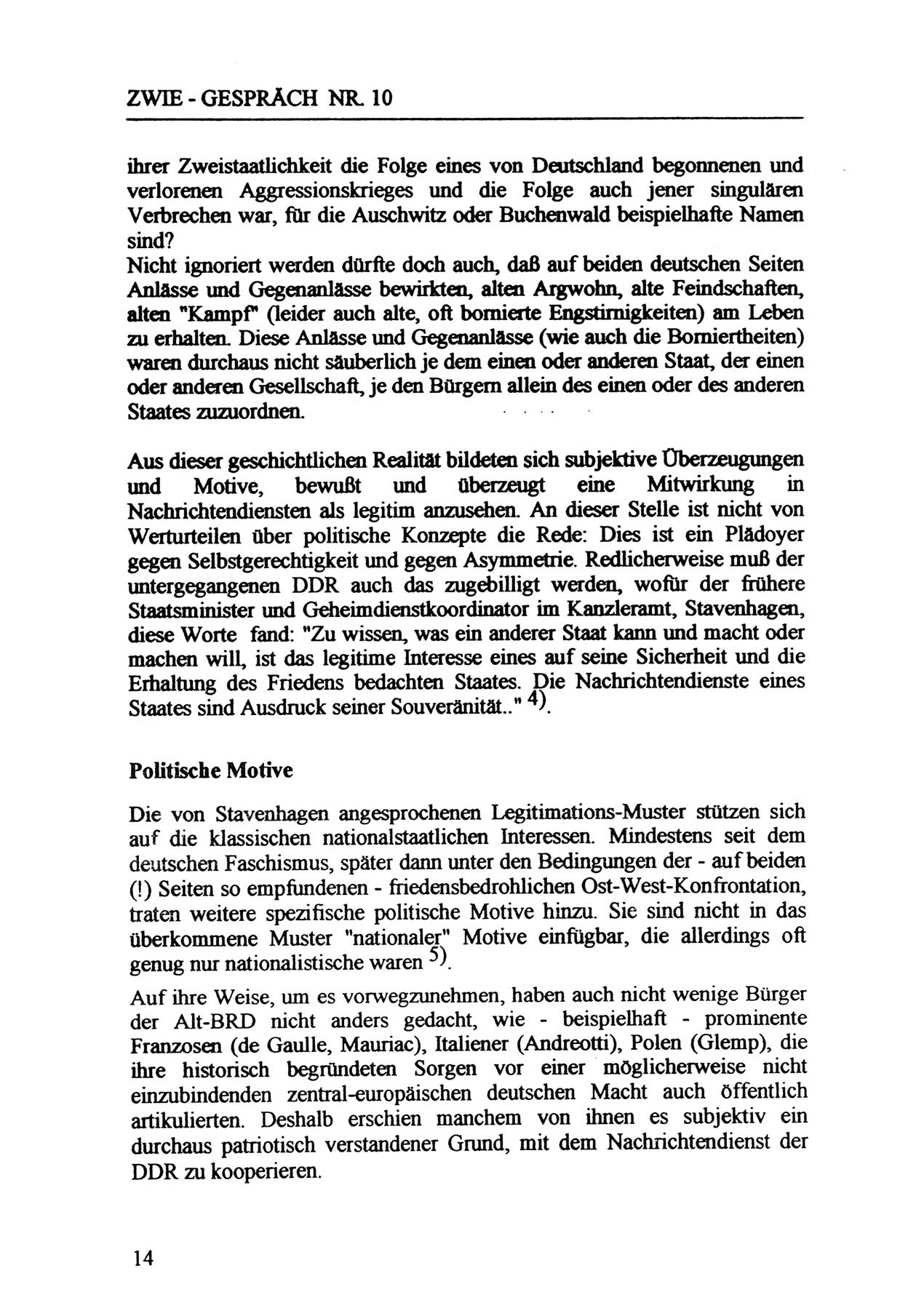 Zwie-Gespräch, Beiträge zur Aufarbeitung der Staatssicherheits-Vergangenheit [Deutsche Demokratische Republik (DDR)], Ausgabe Nr. 10, Berlin 1992, Seite 14 (Zwie-Gespr. Ausg. 10 1992, S. 14)