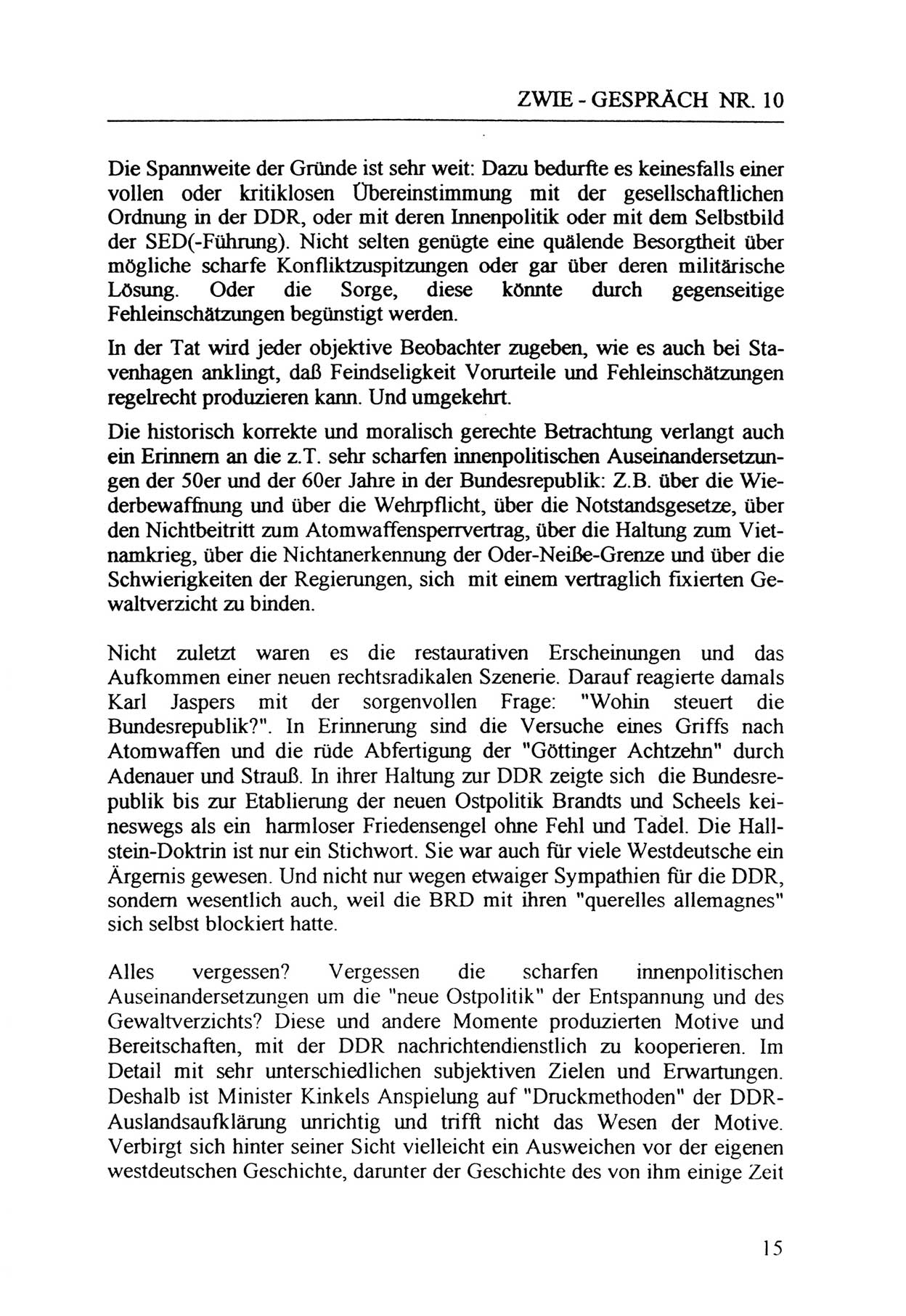 Zwie-Gespräch, Beiträge zur Aufarbeitung der Staatssicherheits-Vergangenheit [Deutsche Demokratische Republik (DDR)], Ausgabe Nr. 10, Berlin 1992, Seite 15 (Zwie-Gespr. Ausg. 10 1992, S. 15)