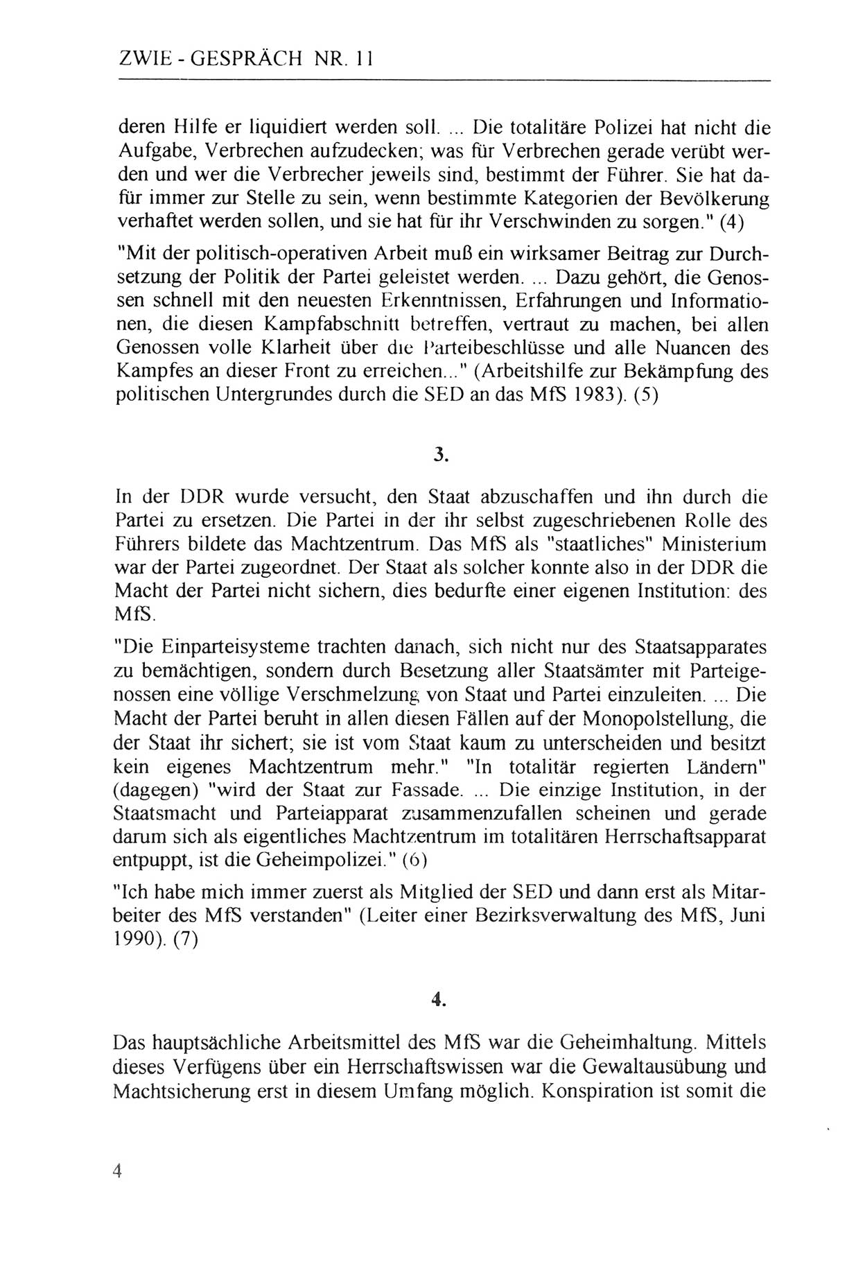 Zwie-Gespräch, Beiträge zur Aufarbeitung der Staatssicherheits-Vergangenheit [Deutsche Demokratische Republik (DDR)], Ausgabe Nr. 11, Berlin 1992, Seite 4 (Zwie-Gespr. Ausg. 11 1992, S. 4)
