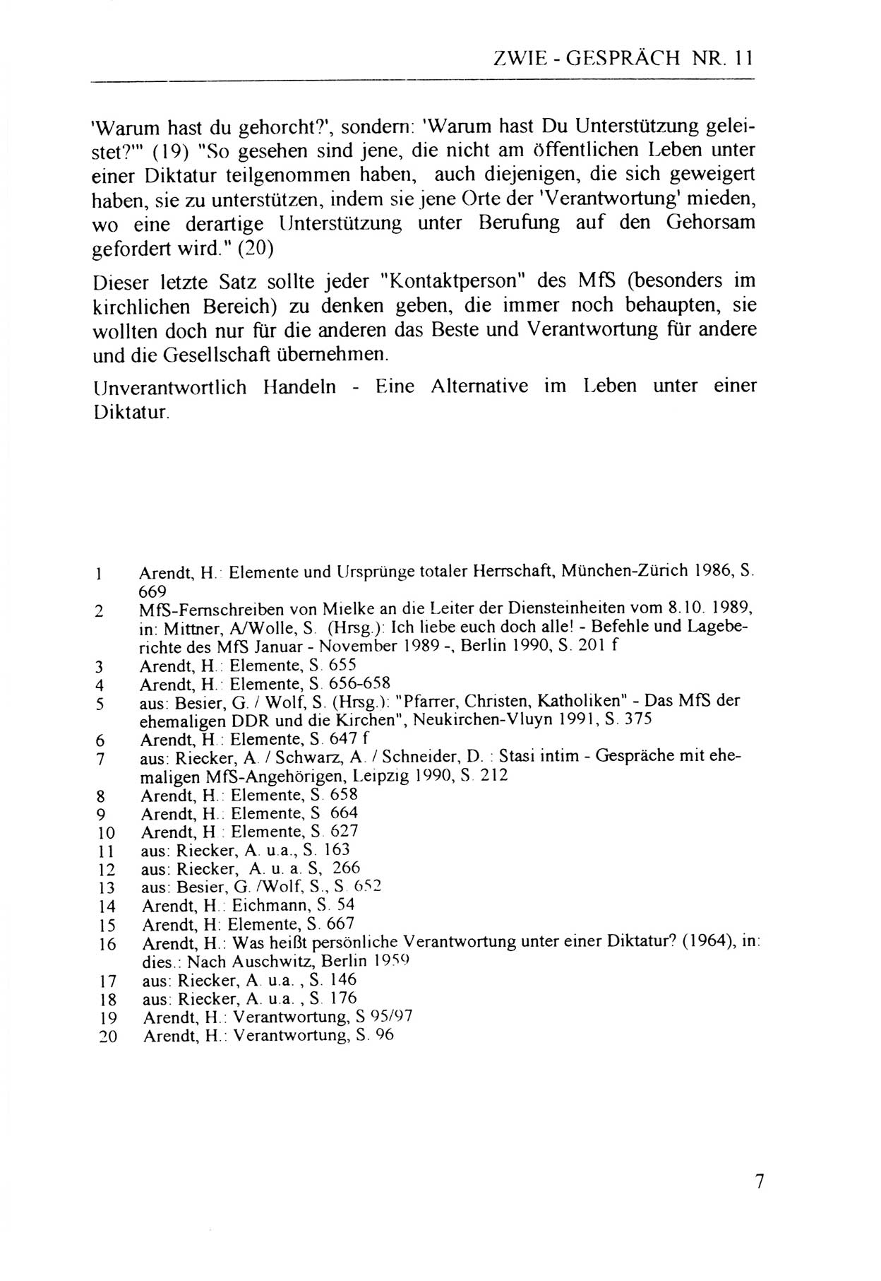 Zwie-Gespräch, Beiträge zur Aufarbeitung der Staatssicherheits-Vergangenheit [Deutsche Demokratische Republik (DDR)], Ausgabe Nr. 11, Berlin 1992, Seite 7 (Zwie-Gespr. Ausg. 11 1992, S. 7)