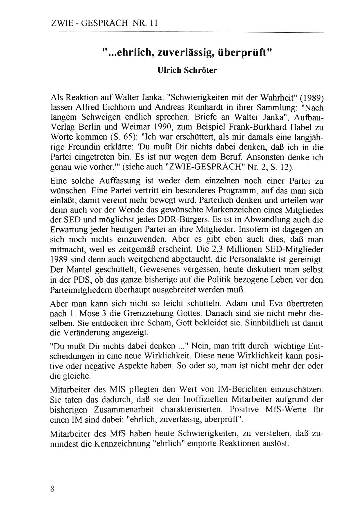 Zwie-Gespräch, Beiträge zur Aufarbeitung der Staatssicherheits-Vergangenheit [Deutsche Demokratische Republik (DDR)], Ausgabe Nr. 11, Berlin 1992, Seite 8 (Zwie-Gespr. Ausg. 11 1992, S. 8)