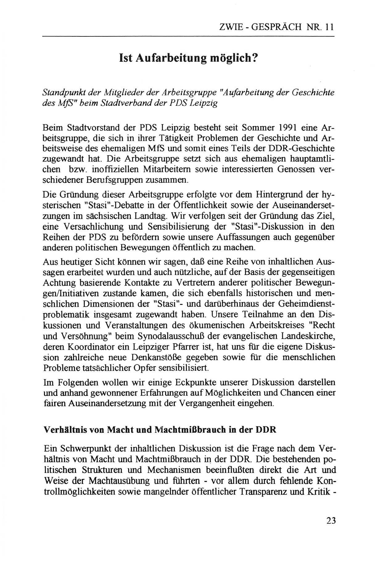 Zwie-Gespräch, Beiträge zur Aufarbeitung der Staatssicherheits-Vergangenheit [Deutsche Demokratische Republik (DDR)], Ausgabe Nr. 11, Berlin 1992, Seite 23 (Zwie-Gespr. Ausg. 11 1992, S. 23)