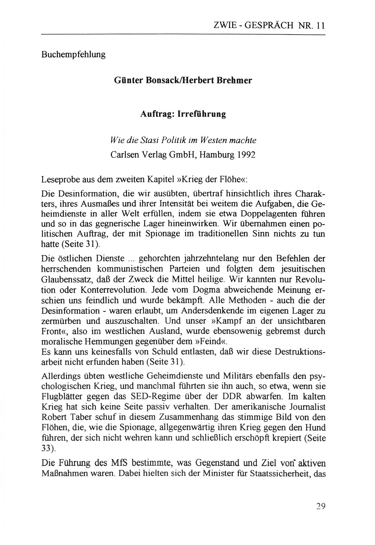 Zwie-Gespräch, Beiträge zur Aufarbeitung der Staatssicherheits-Vergangenheit [Deutsche Demokratische Republik (DDR)], Ausgabe Nr. 11, Berlin 1992, Seite 29 (Zwie-Gespr. Ausg. 11 1992, S. 29)