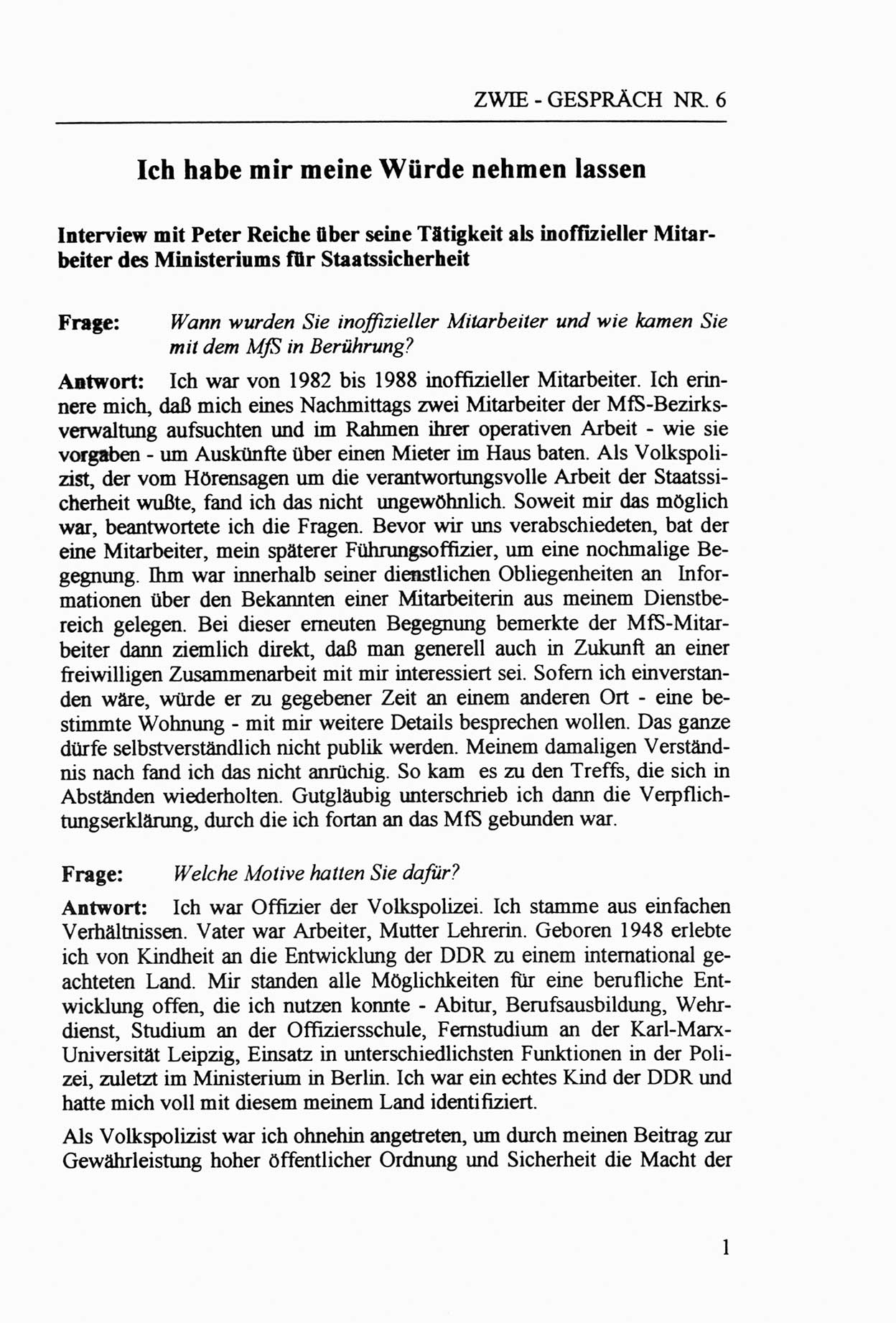 Zwie-Gespräch, Beiträge zur Aufarbeitung der Staatssicherheits-Vergangenheit [Deutsche Demokratische Republik (DDR)], Ausgabe Nr. 6, Berlin 1992, Seite 1 (Zwie-Gespr. Ausg. 6 1992, S. 1)