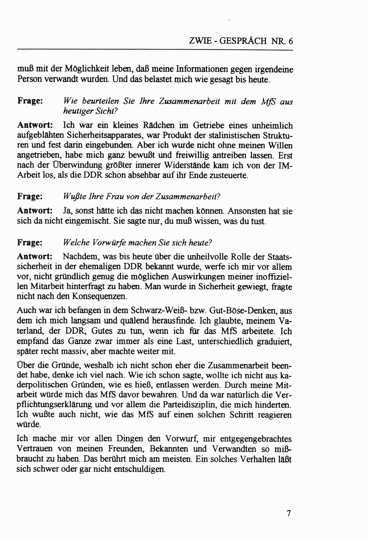 Zwie-Gespräch, Beiträge zur Aufarbeitung der Staatssicherheits-Vergangenheit [Deutsche Demokratische Republik (DDR)], Ausgabe Nr. 6, Berlin 1992, Seite 7 (Zwie-Gespr. Ausg. 6 1992, S. 7)