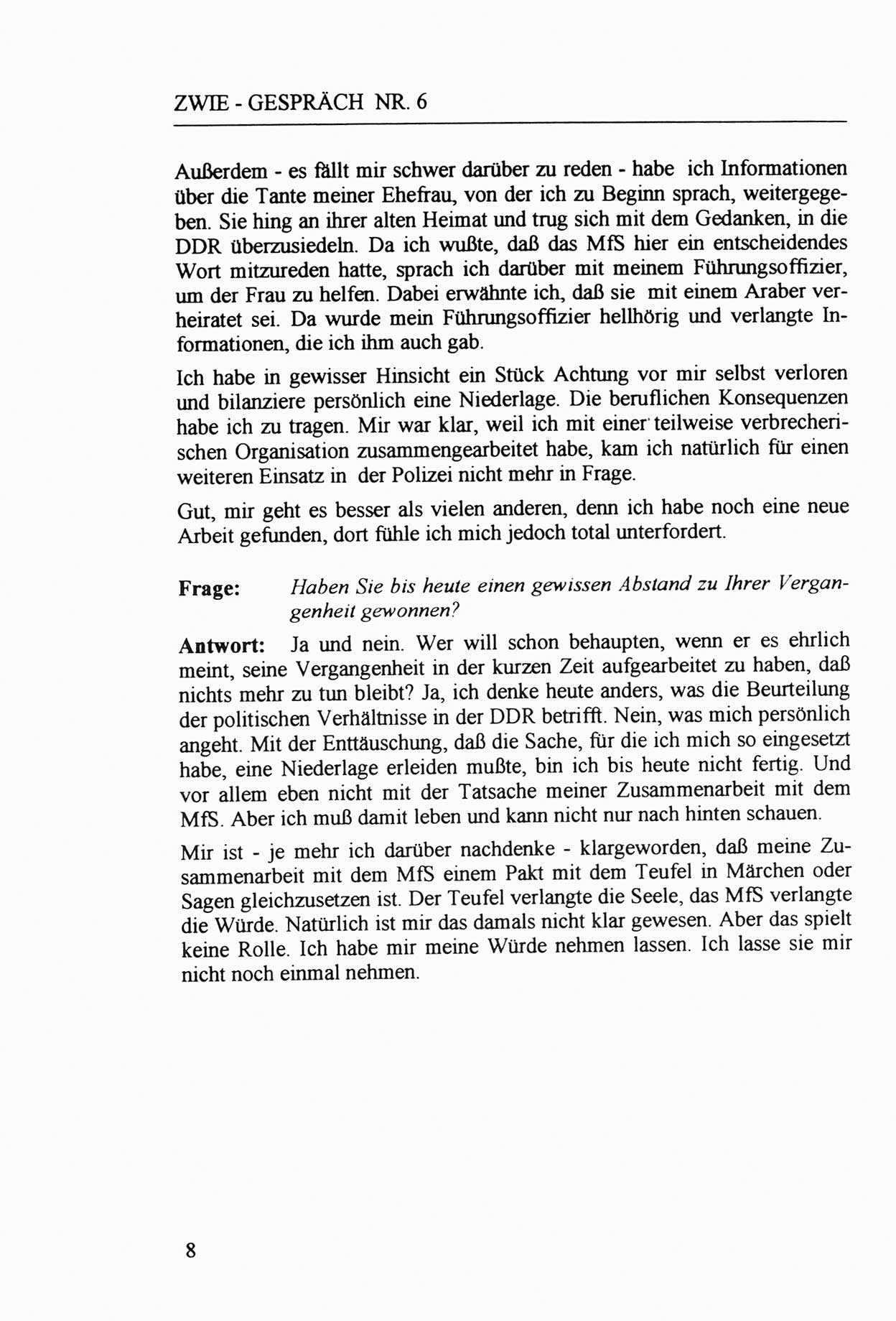 Zwie-Gespräch, Beiträge zur Aufarbeitung der Staatssicherheits-Vergangenheit [Deutsche Demokratische Republik (DDR)], Ausgabe Nr. 6, Berlin 1992, Seite 8 (Zwie-Gespr. Ausg. 6 1992, S. 8)