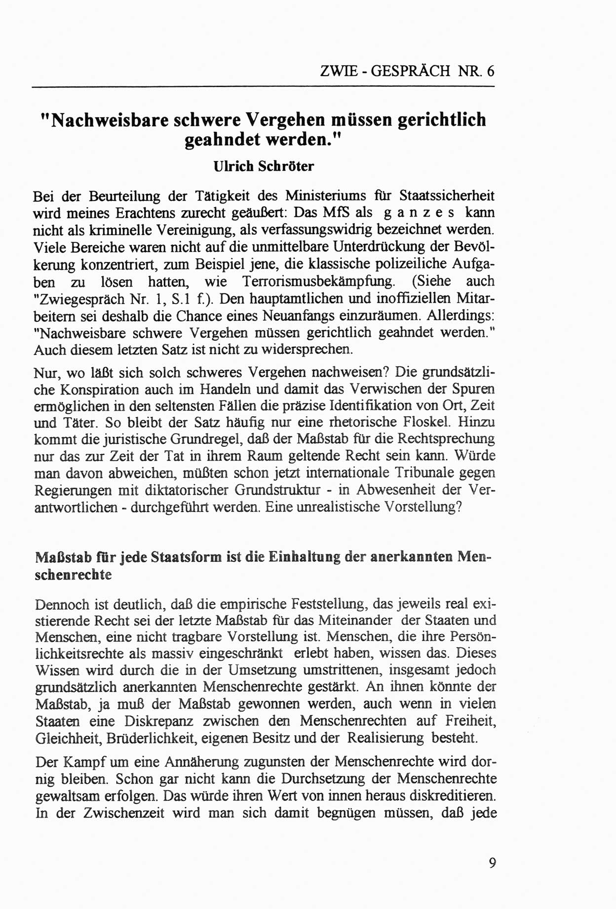 Zwie-Gespräch, Beiträge zur Aufarbeitung der Staatssicherheits-Vergangenheit [Deutsche Demokratische Republik (DDR)], Ausgabe Nr. 6, Berlin 1992, Seite 9 (Zwie-Gespr. Ausg. 6 1992, S. 9)