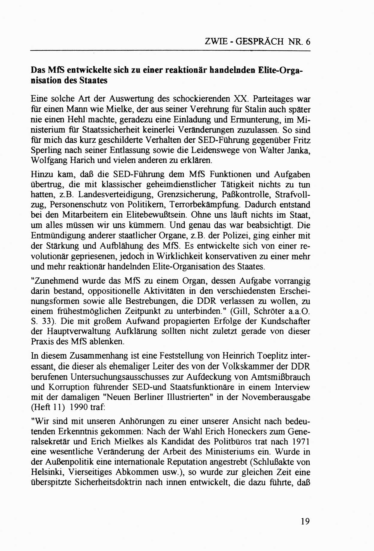 Zwie-Gespräch, Beiträge zur Aufarbeitung der Staatssicherheits-Vergangenheit [Deutsche Demokratische Republik (DDR)], Ausgabe Nr. 6, Berlin 1992, Seite 19 (Zwie-Gespr. Ausg. 6 1992, S. 19)