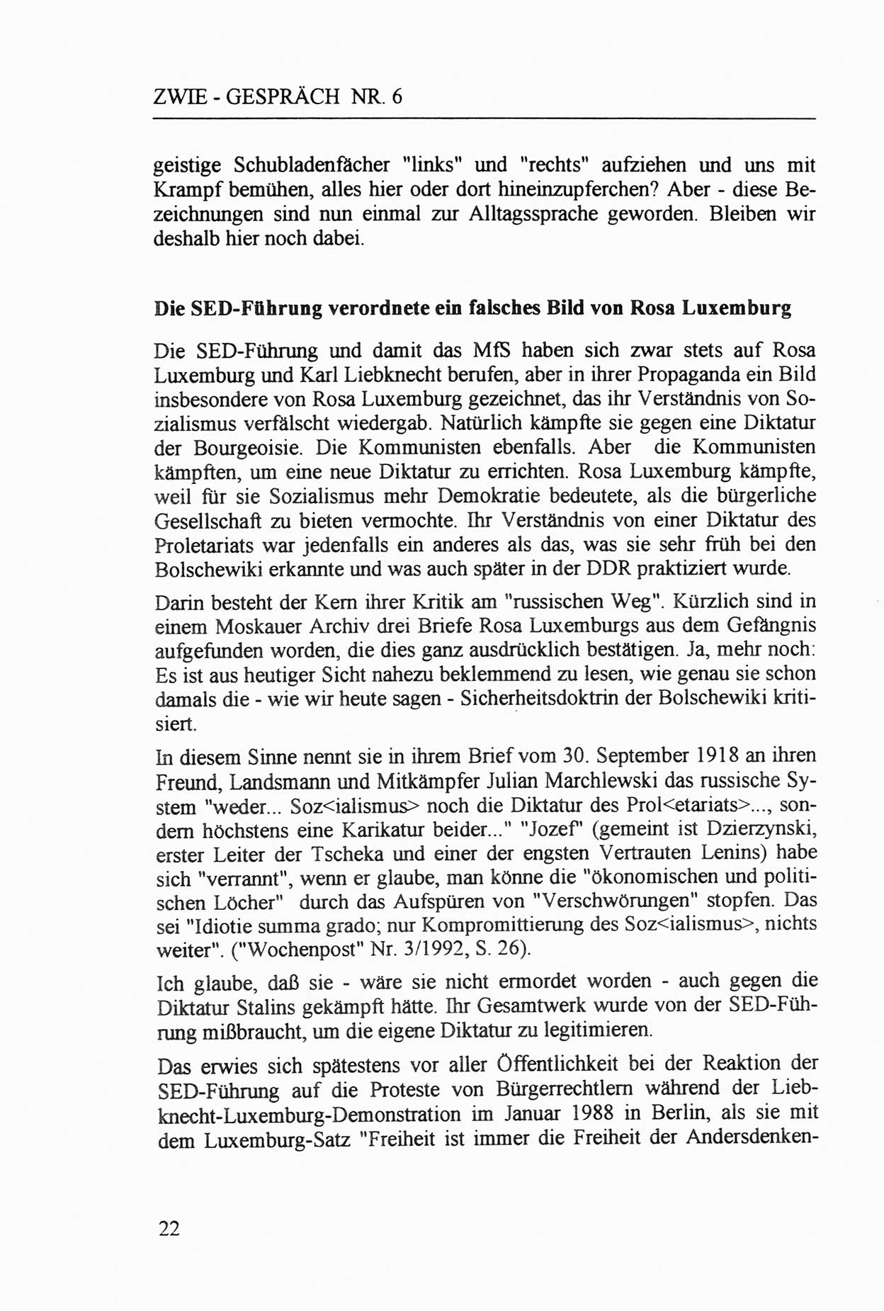 Zwie-Gespräch, Beiträge zur Aufarbeitung der Staatssicherheits-Vergangenheit [Deutsche Demokratische Republik (DDR)], Ausgabe Nr. 6, Berlin 1992, Seite 22 (Zwie-Gespr. Ausg. 6 1992, S. 22)