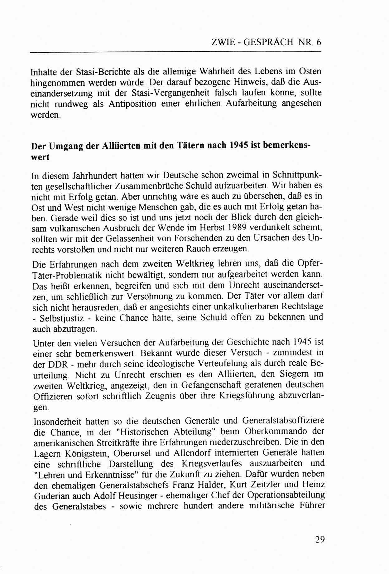 Zwie-Gespräch, Beiträge zur Aufarbeitung der Staatssicherheits-Vergangenheit [Deutsche Demokratische Republik (DDR)], Ausgabe Nr. 6, Berlin 1992, Seite 29 (Zwie-Gespr. Ausg. 6 1992, S. 29)