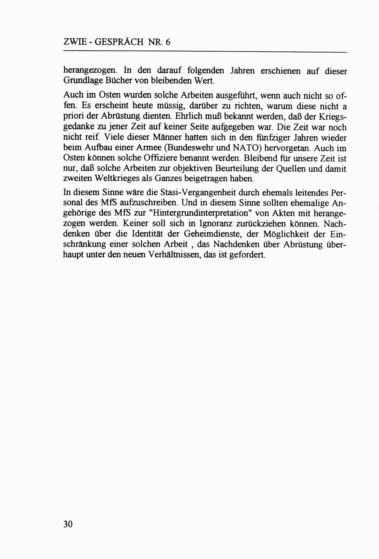 Zwie-Gespräch, Beiträge zur Aufarbeitung der Staatssicherheits-Vergangenheit [Deutsche Demokratische Republik (DDR)], Ausgabe Nr. 6, Berlin 1992, Seite 30 (Zwie-Gespr. Ausg. 6 1992, S. 30)