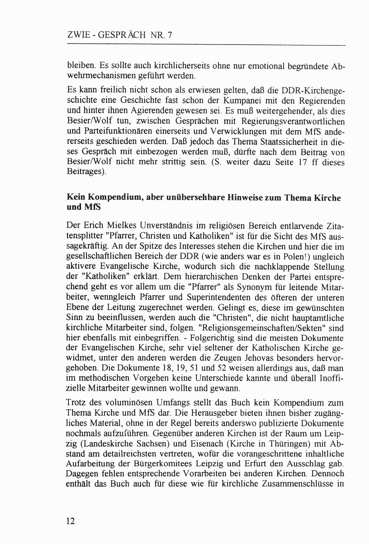 Zwie-Gespräch, Beiträge zur Aufarbeitung der Staatssicherheits-Vergangenheit [Deutsche Demokratische Republik (DDR)], Ausgabe Nr. 7, Berlin 1992, Seite 12 (Zwie-Gespr. Ausg. 7 1992, S. 12)