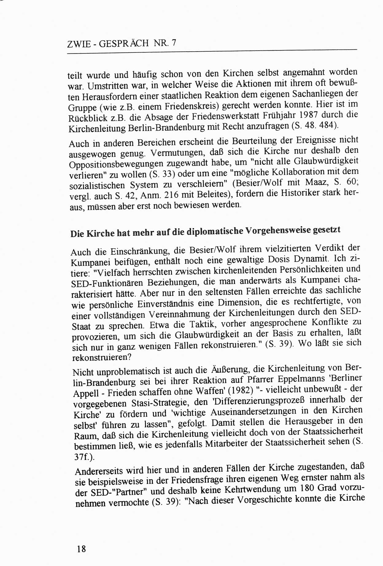 Zwie-Gespräch, Beiträge zur Aufarbeitung der Staatssicherheits-Vergangenheit [Deutsche Demokratische Republik (DDR)], Ausgabe Nr. 7, Berlin 1992, Seite 18 (Zwie-Gespr. Ausg. 7 1992, S. 18)