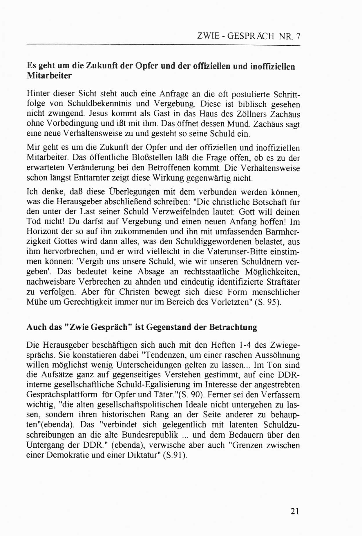 Zwie-Gespräch, Beiträge zur Aufarbeitung der Staatssicherheits-Vergangenheit [Deutsche Demokratische Republik (DDR)], Ausgabe Nr. 7, Berlin 1992, Seite 21 (Zwie-Gespr. Ausg. 7 1992, S. 21)