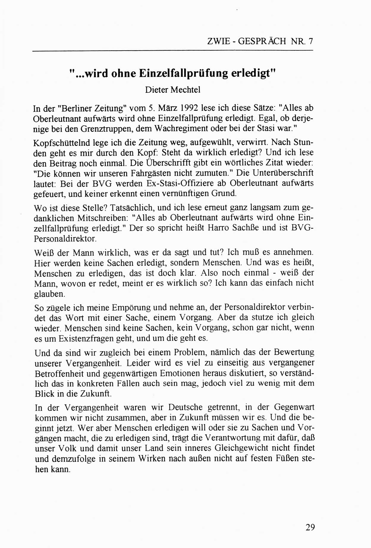 Zwie-Gespräch, Beiträge zur Aufarbeitung der Staatssicherheits-Vergangenheit [Deutsche Demokratische Republik (DDR)], Ausgabe Nr. 7, Berlin 1992, Seite 29 (Zwie-Gespr. Ausg. 7 1992, S. 29)