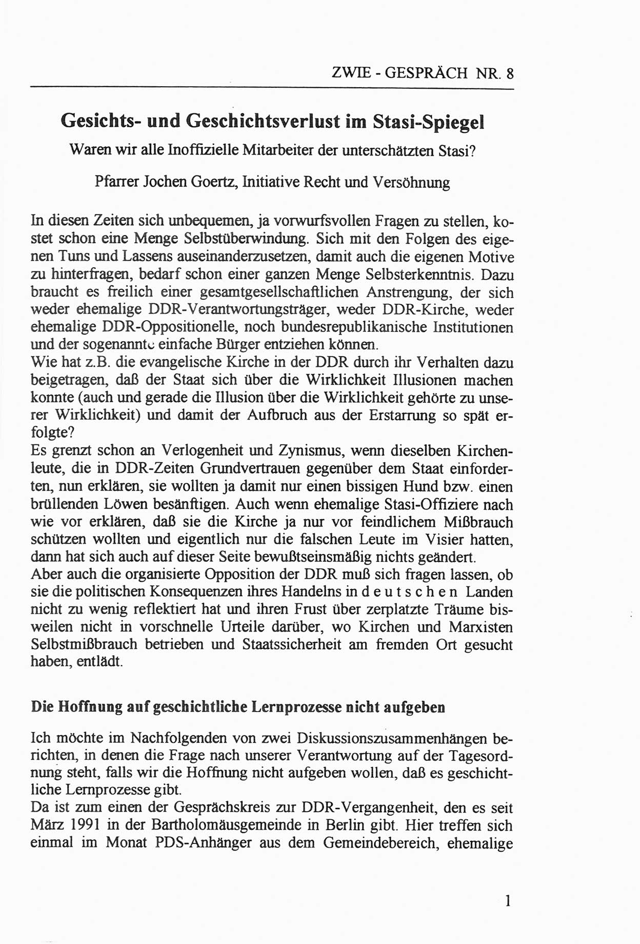 Zwie-Gespräch, Beiträge zur Aufarbeitung der Staatssicherheits-Vergangenheit [Deutsche Demokratische Republik (DDR)], Ausgabe Nr. 8, Berlin 1992, Seite 1 (Zwie-Gespr. Ausg. 8 1992, S. 1)