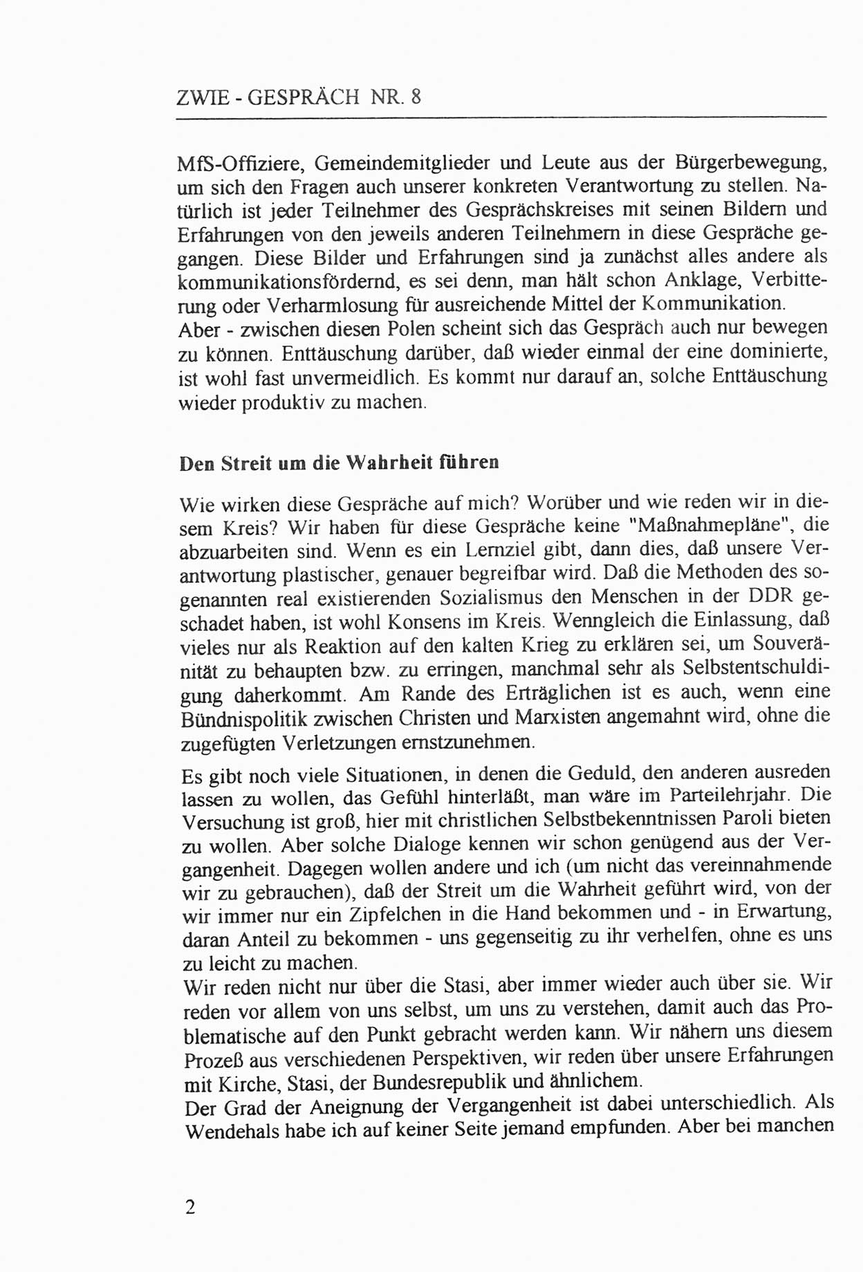 Zwie-Gespräch, Beiträge zur Aufarbeitung der Staatssicherheits-Vergangenheit [Deutsche Demokratische Republik (DDR)], Ausgabe Nr. 8, Berlin 1992, Seite 2 (Zwie-Gespr. Ausg. 8 1992, S. 2)