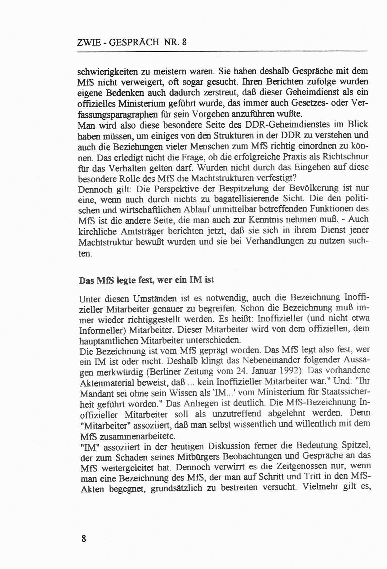 Zwie-Gespräch, Beiträge zur Aufarbeitung der Staatssicherheits-Vergangenheit [Deutsche Demokratische Republik (DDR)], Ausgabe Nr. 8, Berlin 1992, Seite 8 (Zwie-Gespr. Ausg. 8 1992, S. 8)