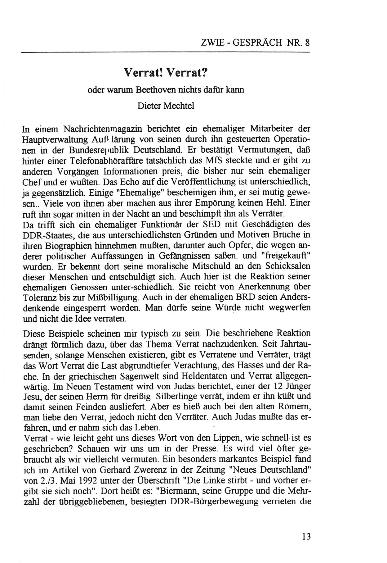 Zwie-Gespräch, Beiträge zur Aufarbeitung der Staatssicherheits-Vergangenheit [Deutsche Demokratische Republik (DDR)], Ausgabe Nr. 8, Berlin 1992, Seite 13 (Zwie-Gespr. Ausg. 8 1992, S. 13)