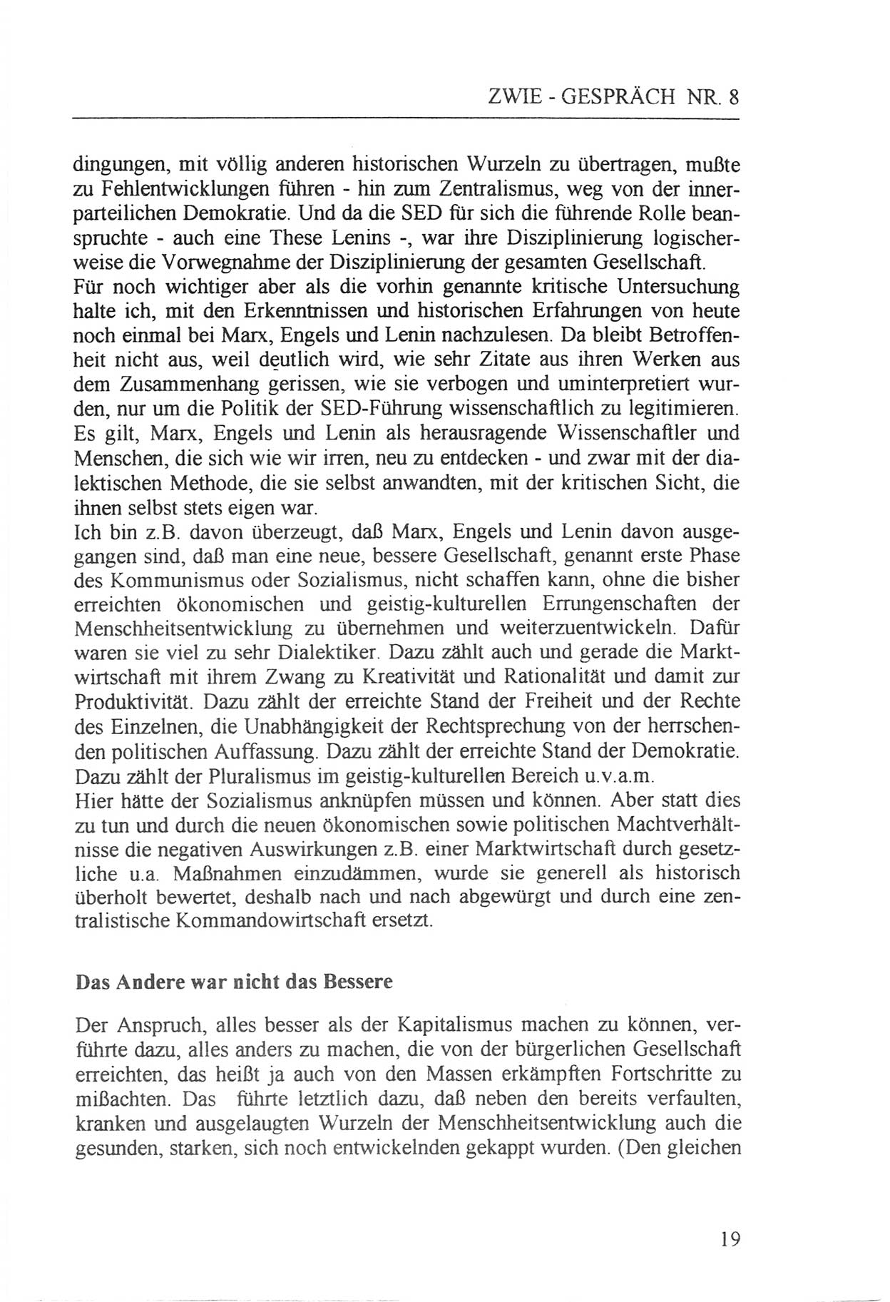 Zwie-Gespräch, Beiträge zur Aufarbeitung der Staatssicherheits-Vergangenheit [Deutsche Demokratische Republik (DDR)], Ausgabe Nr. 8, Berlin 1992, Seite 19 (Zwie-Gespr. Ausg. 8 1992, S. 19)