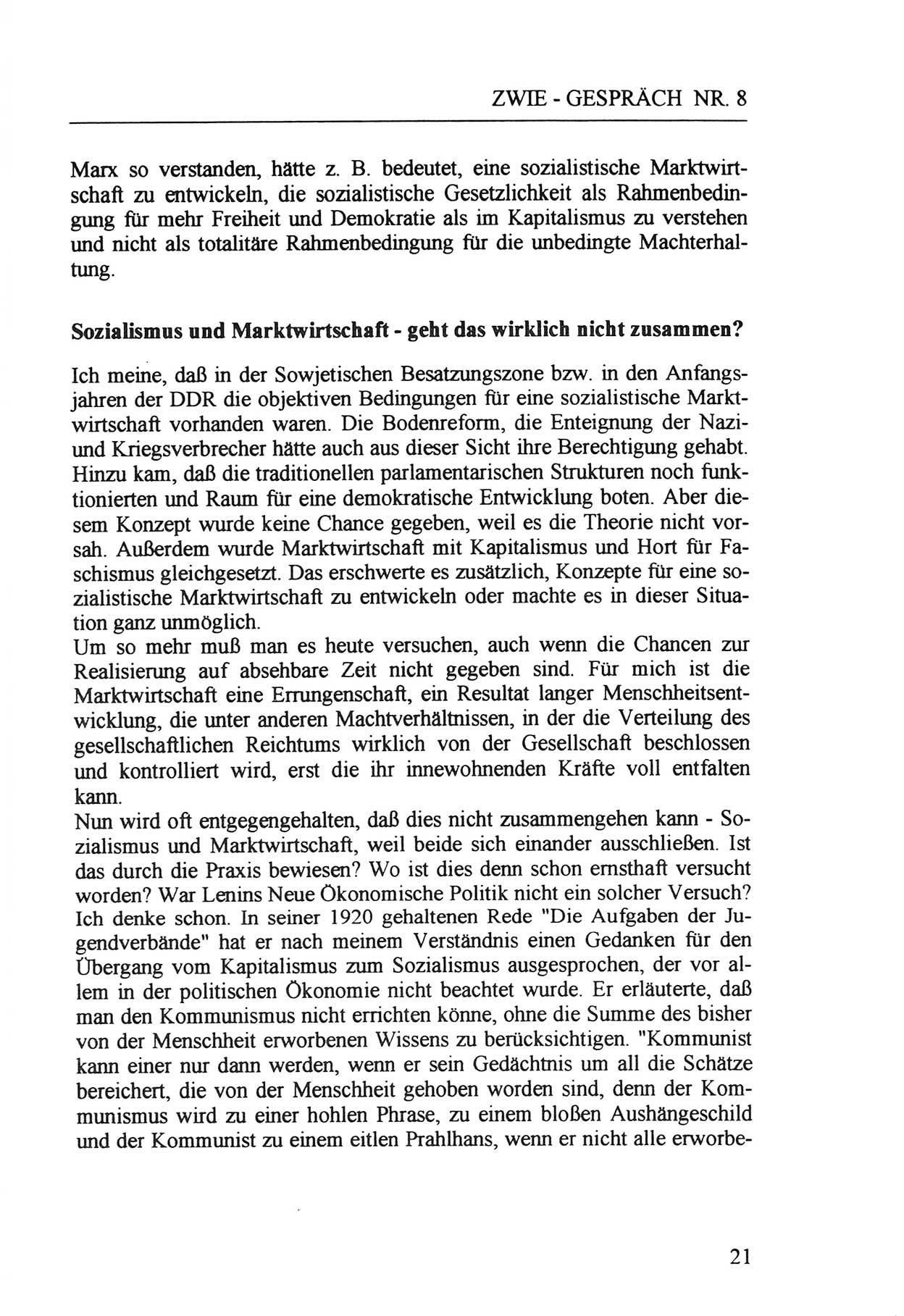 Zwie-Gespräch, Beiträge zur Aufarbeitung der Staatssicherheits-Vergangenheit [Deutsche Demokratische Republik (DDR)], Ausgabe Nr. 8, Berlin 1992, Seite 21 (Zwie-Gespr. Ausg. 8 1992, S. 21)