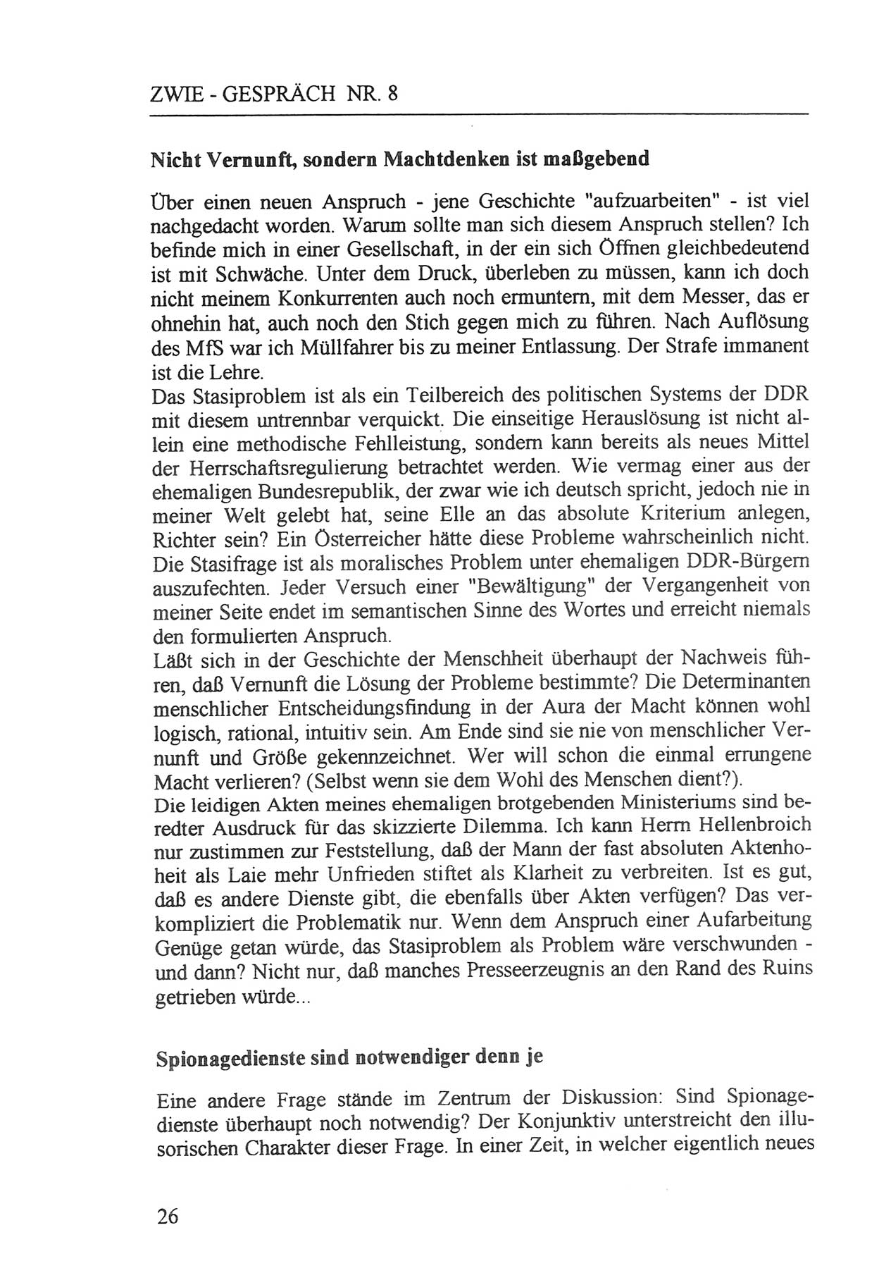 Zwie-Gespräch, Beiträge zur Aufarbeitung der Staatssicherheits-Vergangenheit [Deutsche Demokratische Republik (DDR)], Ausgabe Nr. 8, Berlin 1992, Seite 26 (Zwie-Gespr. Ausg. 8 1992, S. 26)