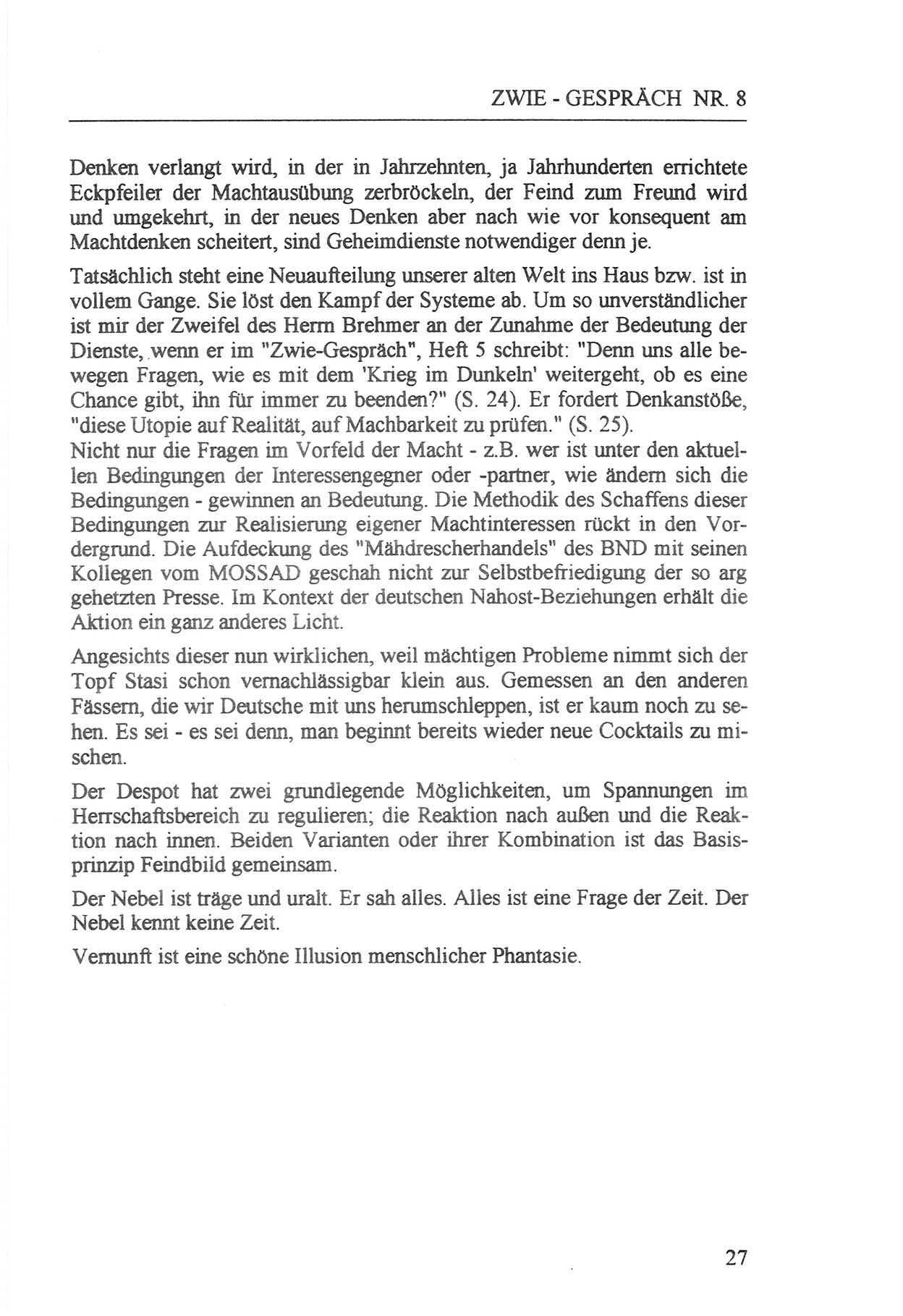 Zwie-Gespräch, Beiträge zur Aufarbeitung der Staatssicherheits-Vergangenheit [Deutsche Demokratische Republik (DDR)], Ausgabe Nr. 8, Berlin 1992, Seite 27 (Zwie-Gespr. Ausg. 8 1992, S. 27)