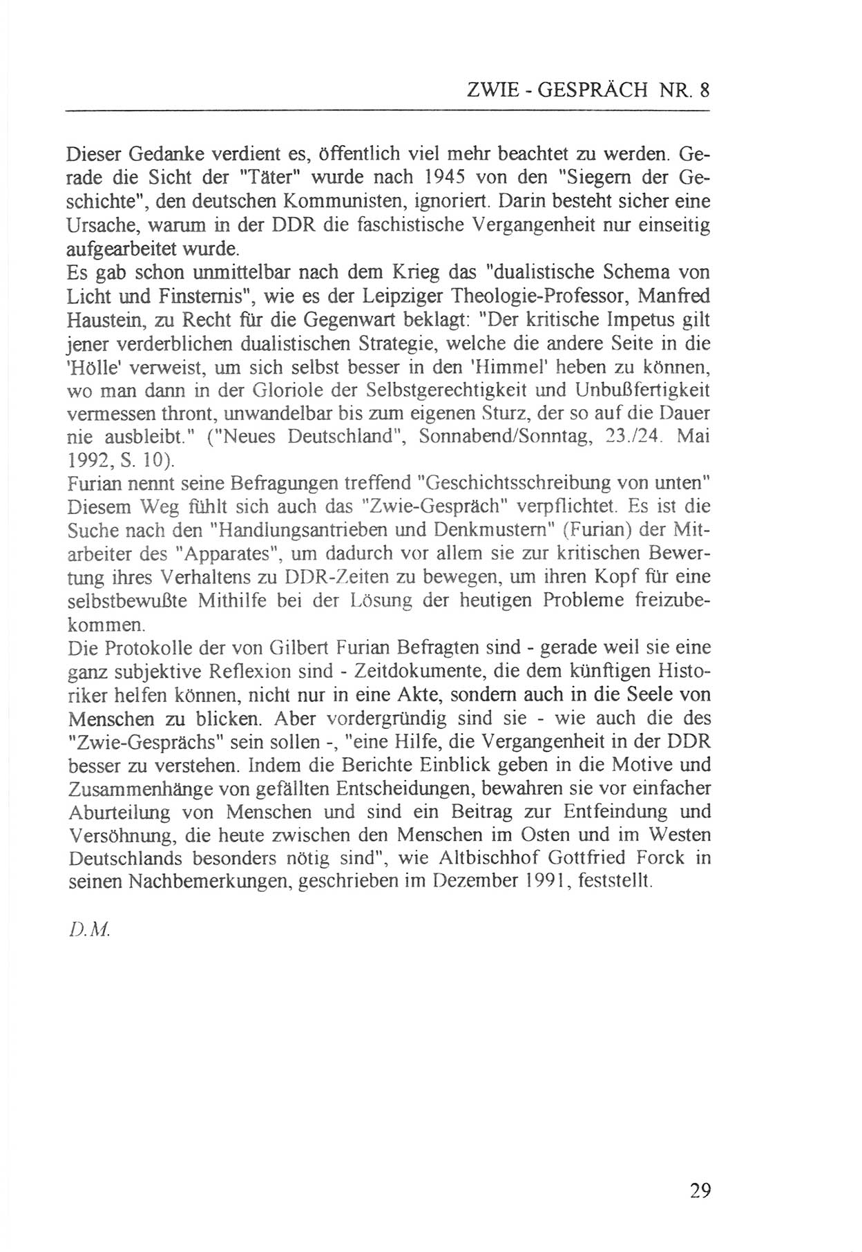 Zwie-Gespräch, Beiträge zur Aufarbeitung der Staatssicherheits-Vergangenheit [Deutsche Demokratische Republik (DDR)], Ausgabe Nr. 8, Berlin 1992, Seite 29 (Zwie-Gespr. Ausg. 8 1992, S. 29)