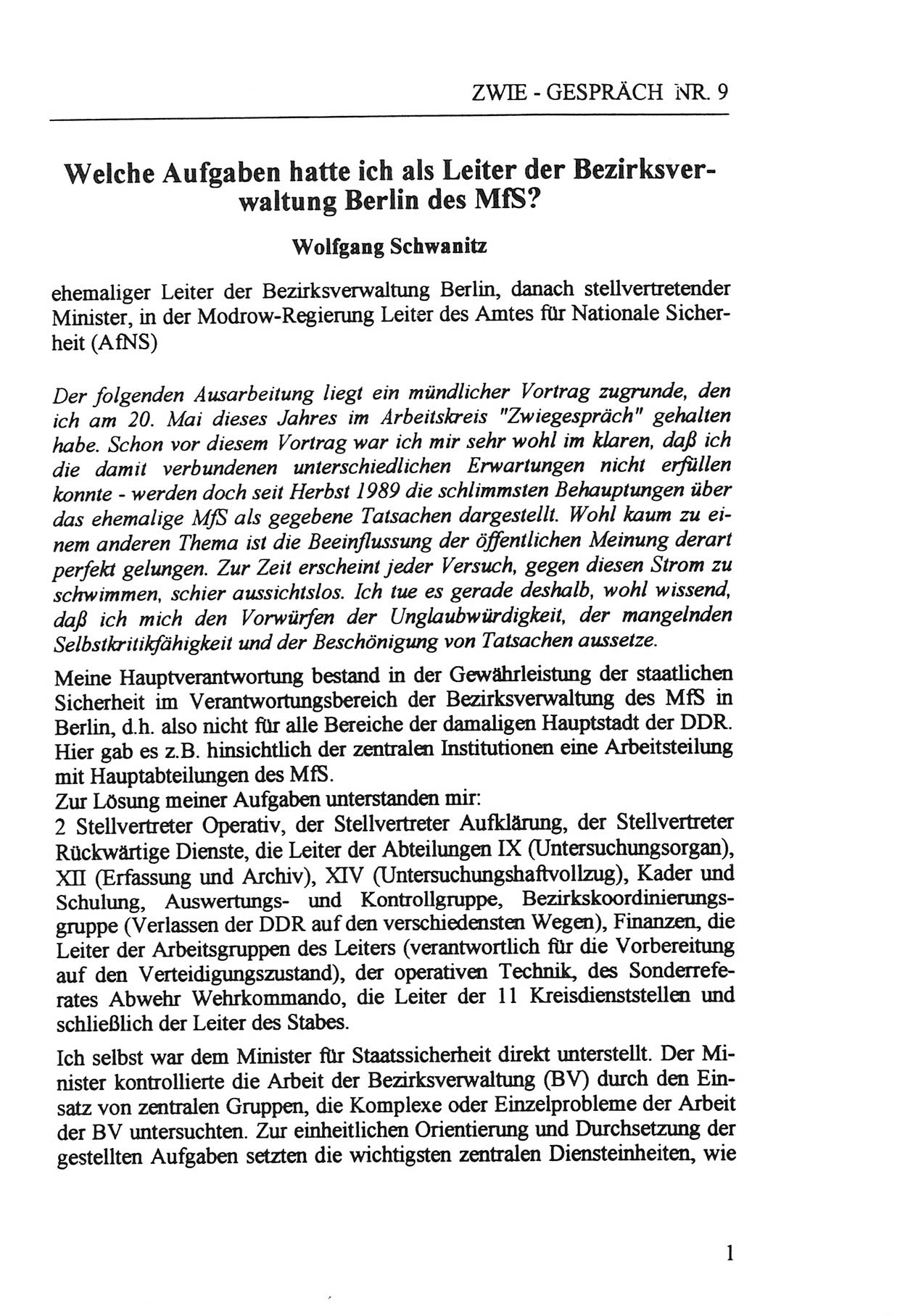 Zwie-Gespräch, Beiträge zur Aufarbeitung der Staatssicherheits-Vergangenheit [Deutsche Demokratische Republik (DDR)], Ausgabe Nr. 9, Berlin 1992, Seite 1 (Zwie-Gespr. Ausg. 9 1992, S. 1)