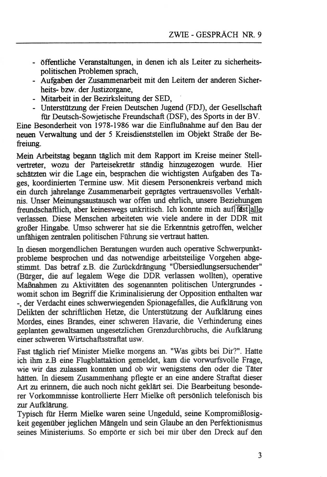 Zwie-Gespräch, Beiträge zur Aufarbeitung der Staatssicherheits-Vergangenheit [Deutsche Demokratische Republik (DDR)], Ausgabe Nr. 9, Berlin 1992, Seite 3 (Zwie-Gespr. Ausg. 9 1992, S. 3)