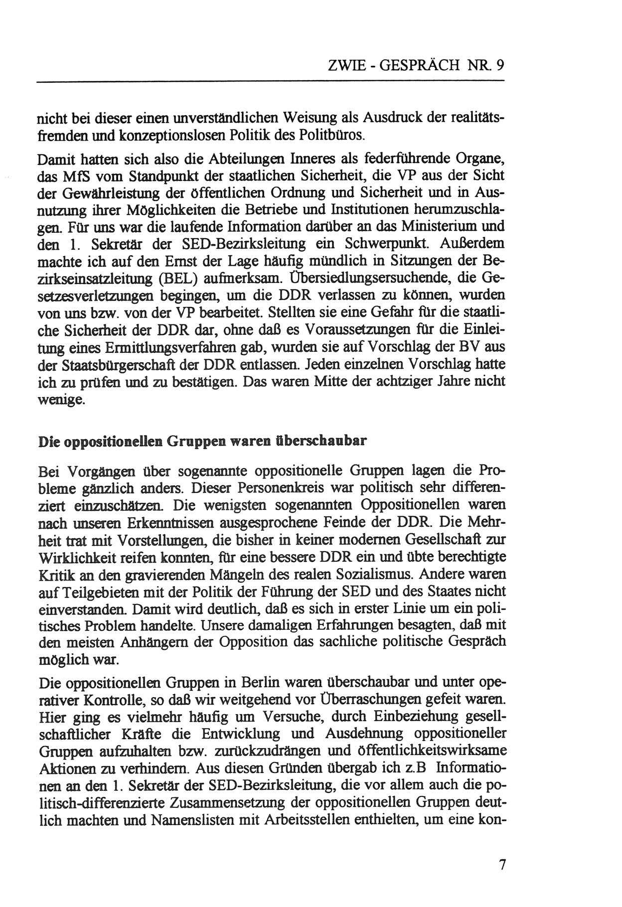 Zwie-Gespräch, Beiträge zur Aufarbeitung der Staatssicherheits-Vergangenheit [Deutsche Demokratische Republik (DDR)], Ausgabe Nr. 9, Berlin 1992, Seite 7 (Zwie-Gespr. Ausg. 9 1992, S. 7)