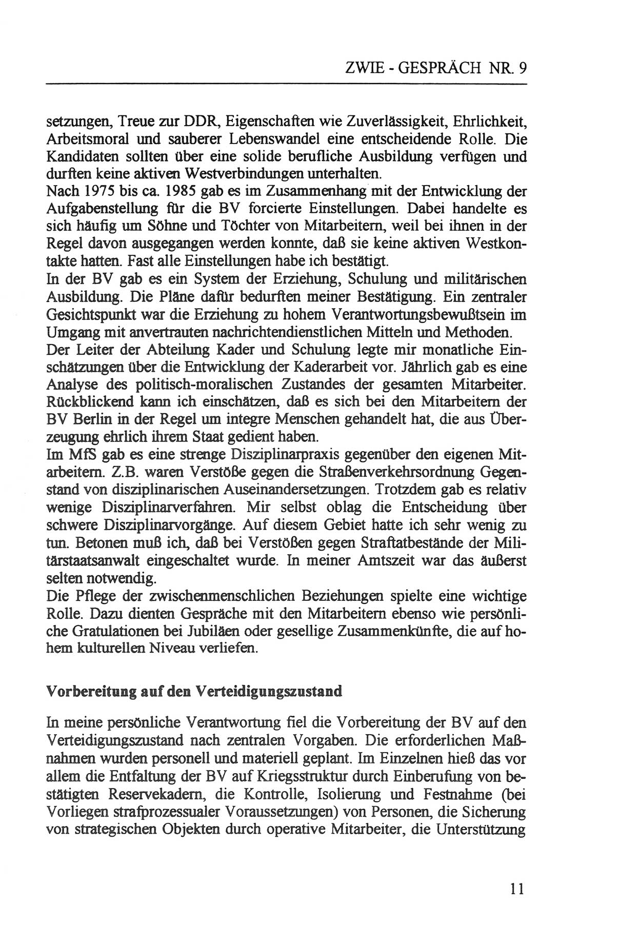 Zwie-Gespräch, Beiträge zur Aufarbeitung der Staatssicherheits-Vergangenheit [Deutsche Demokratische Republik (DDR)], Ausgabe Nr. 9, Berlin 1992, Seite 11 (Zwie-Gespr. Ausg. 9 1992, S. 11)