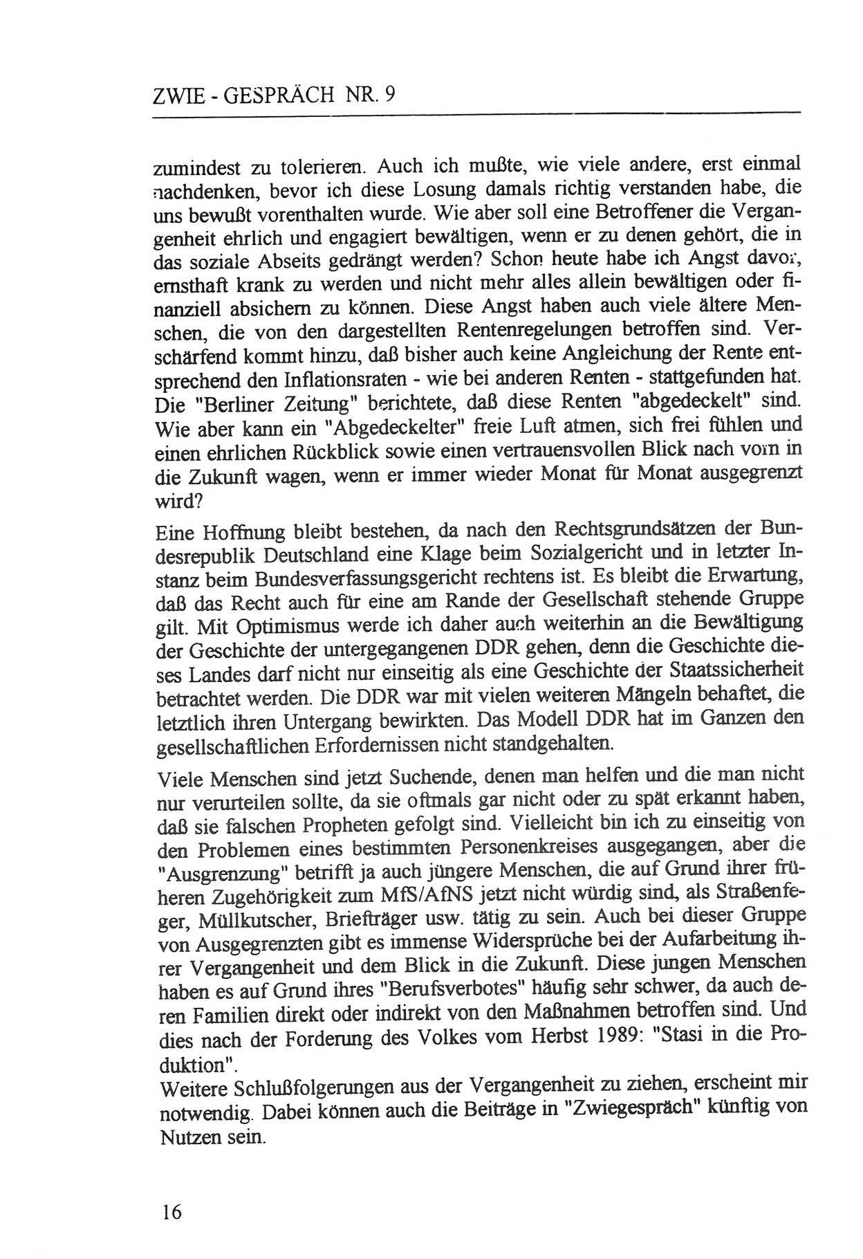 Zwie-Gespräch, Beiträge zur Aufarbeitung der Staatssicherheits-Vergangenheit [Deutsche Demokratische Republik (DDR)], Ausgabe Nr. 9, Berlin 1992, Seite 16 (Zwie-Gespr. Ausg. 9 1992, S. 16)